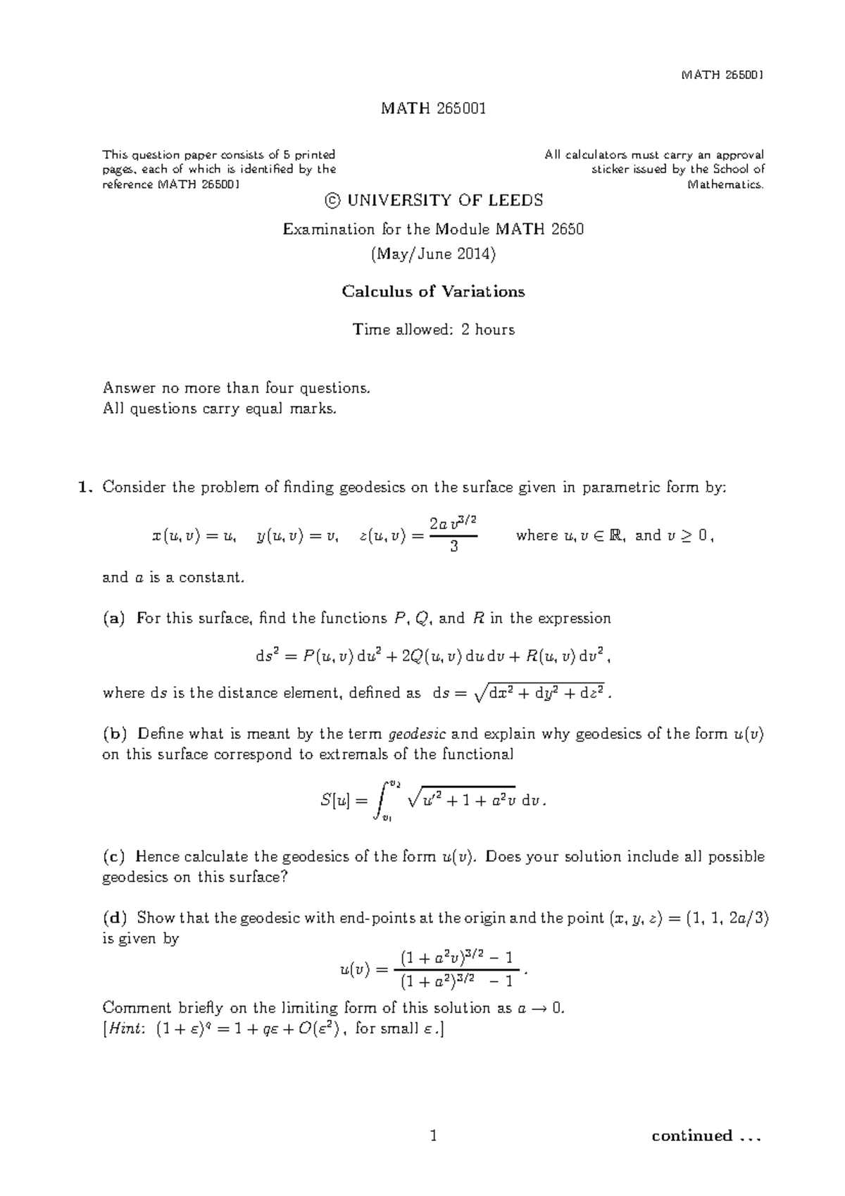 Exam June 2014, questions - MATH 265001 MATH 265001 This question paper ...