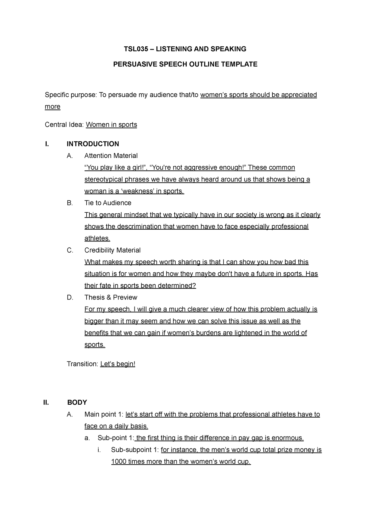 Persuasive Speech Outline Template - TSL035 – LISTENING AND SPEAKING ...