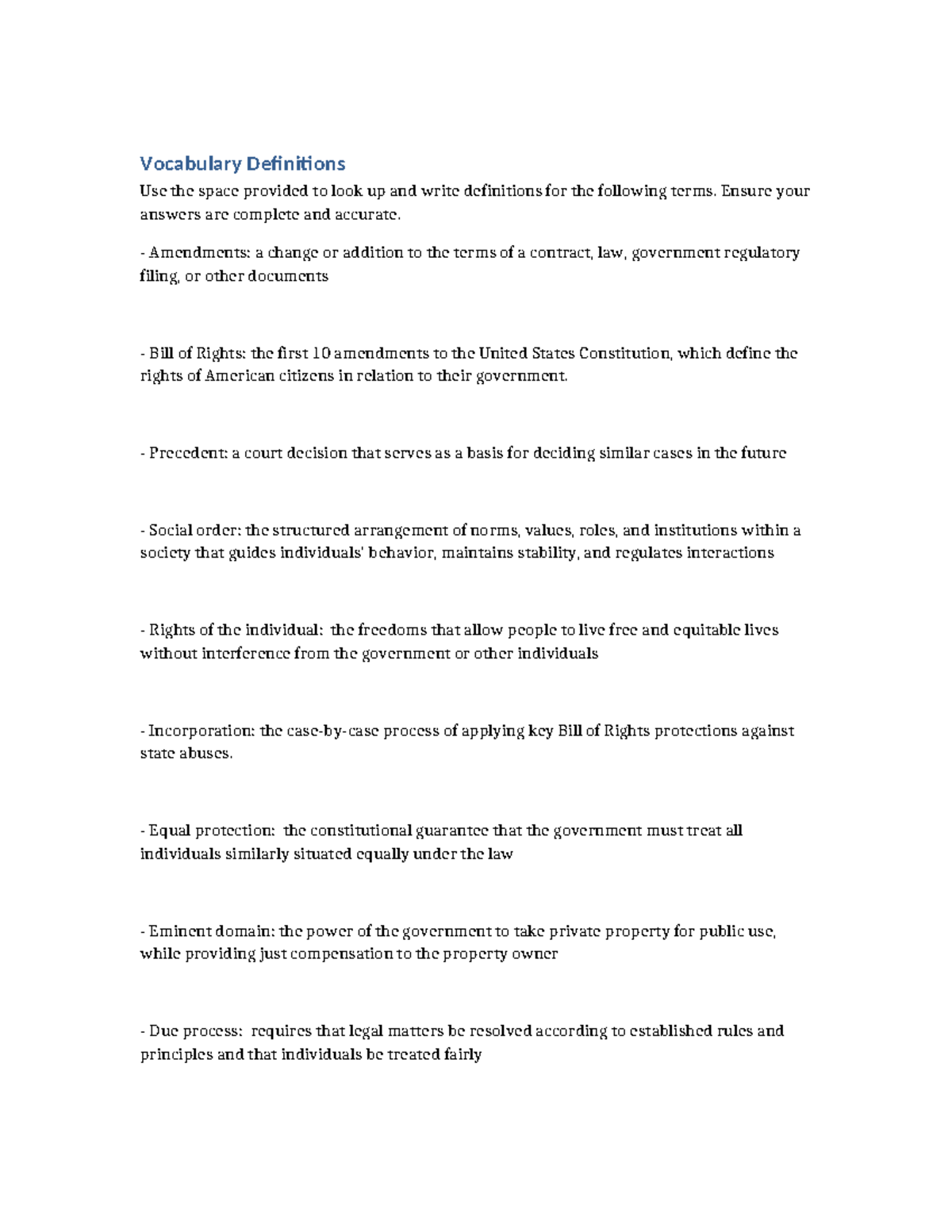 Copy of Vocabulary Definitions - Vocabulary Definitions Use the space ...