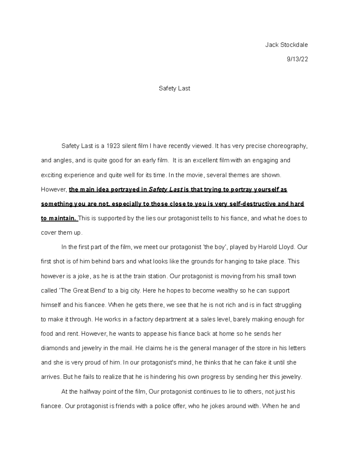 Safety Last thought paper Jack Stockdale 9/13/ Safety Last Safety