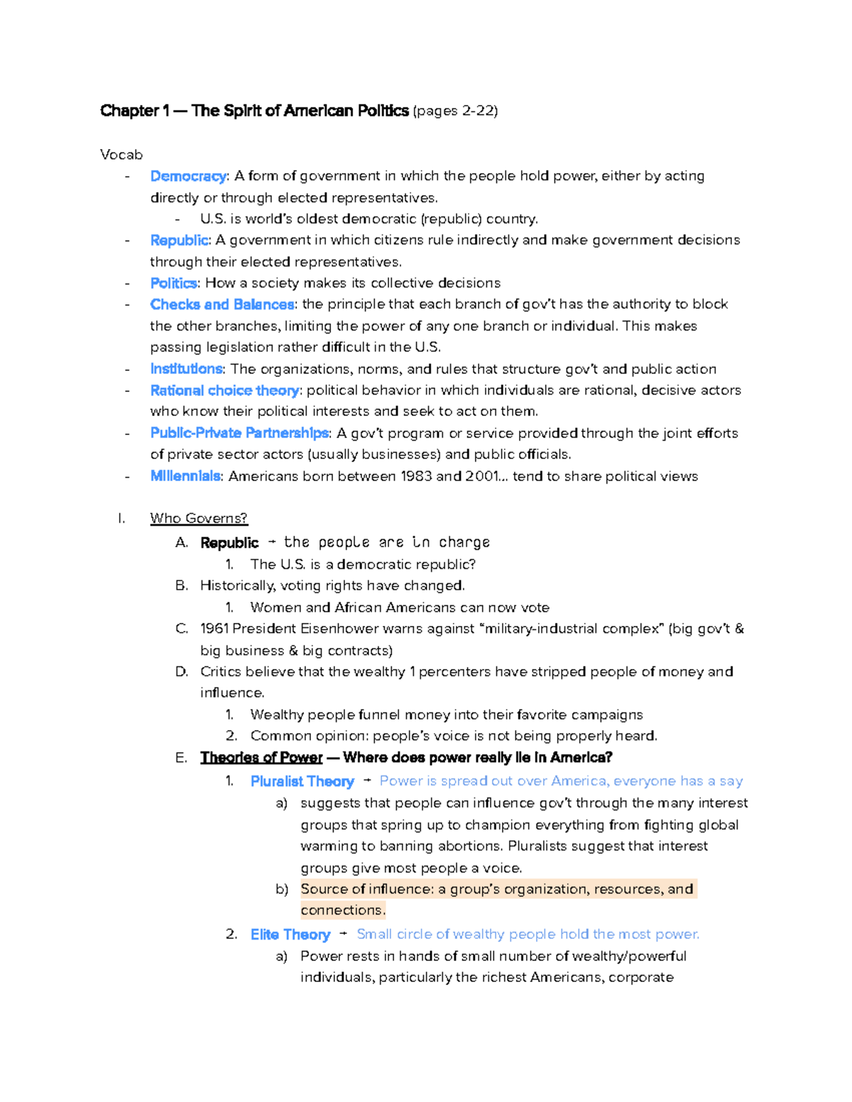 American Politics Chapters 1 Notes - Chapter 1 — The Spirit of American ...