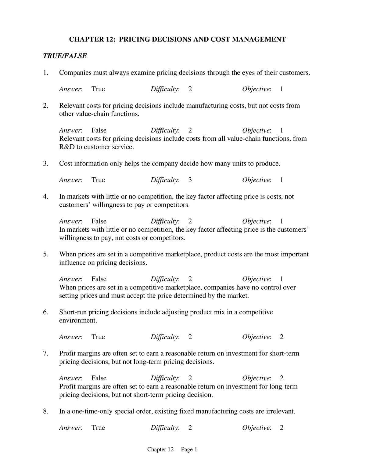 Pricing Decisions and Cost Management Reviewer with Answers - CHAPTER ...