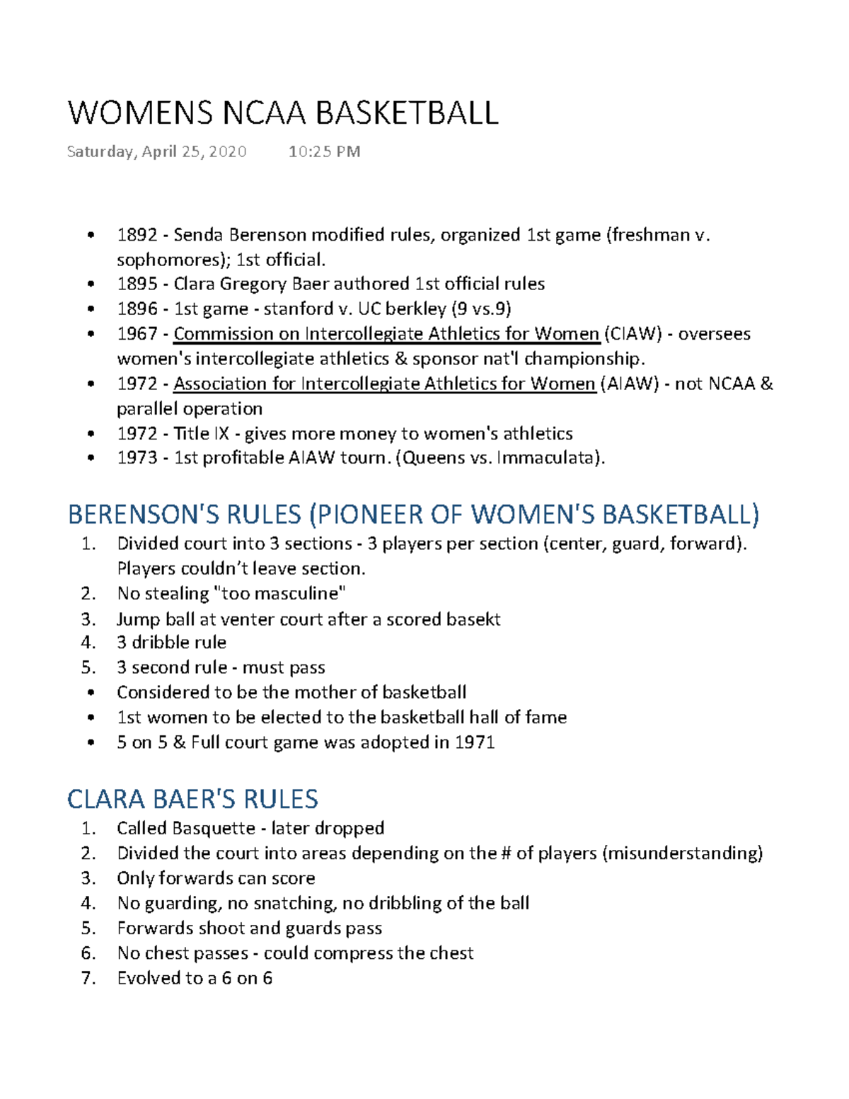 Womens NCAA Basketball - 1892 - Senda Berenson modified rules ...