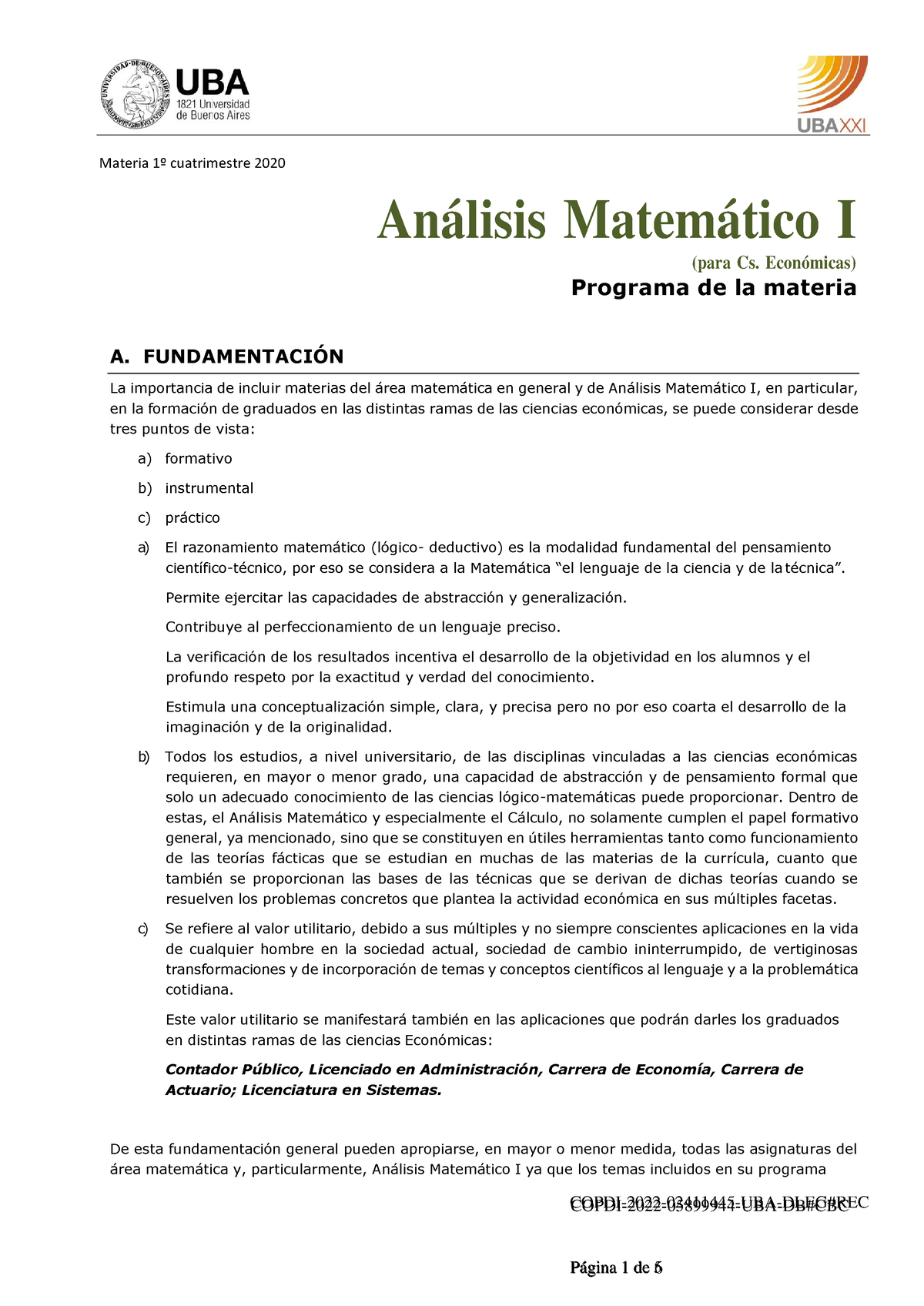 Programa Analisis Matematico - Materia 1º Cuatrimestre 2020 Análisis ...