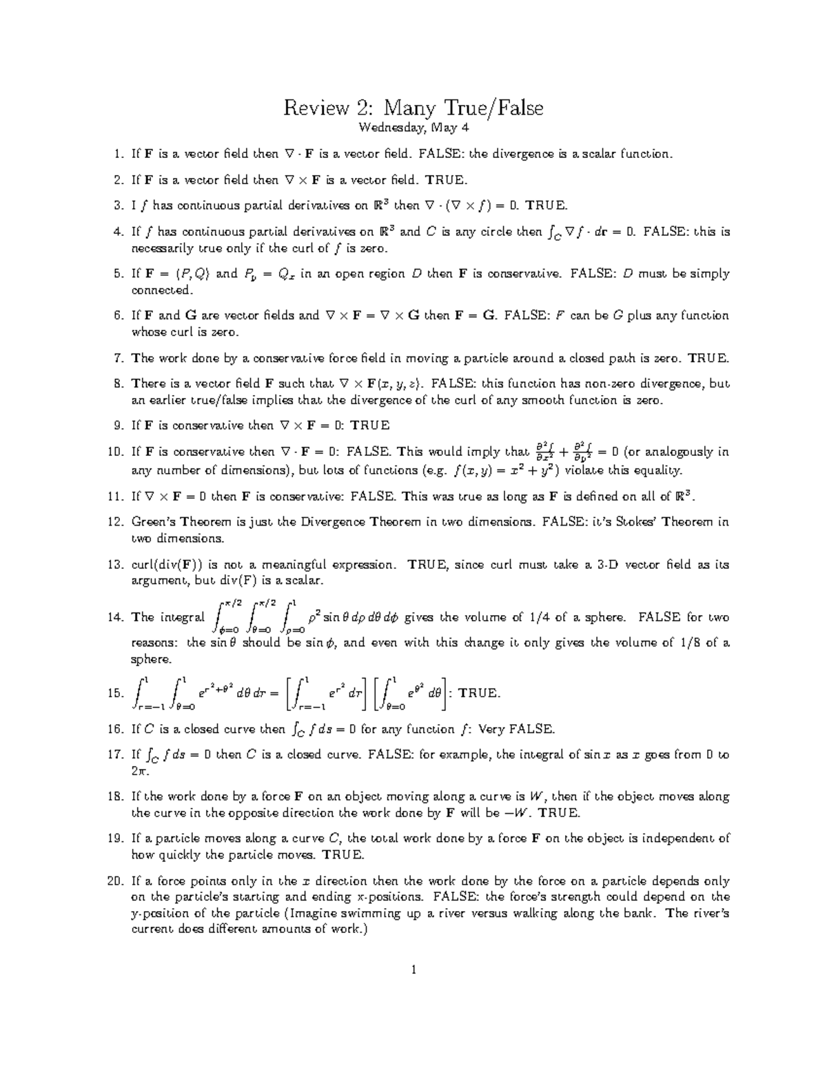 Many True False Sols Math 233 Calculus Of Functions Of Several Studocu