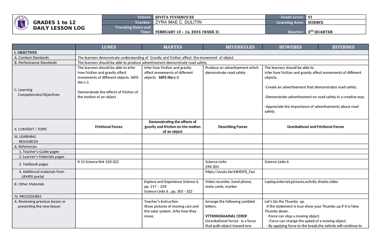 DLL Science 6 Q3 W3 - this is sample dll - GRADES 1 to 12 DAILY LESSON ...