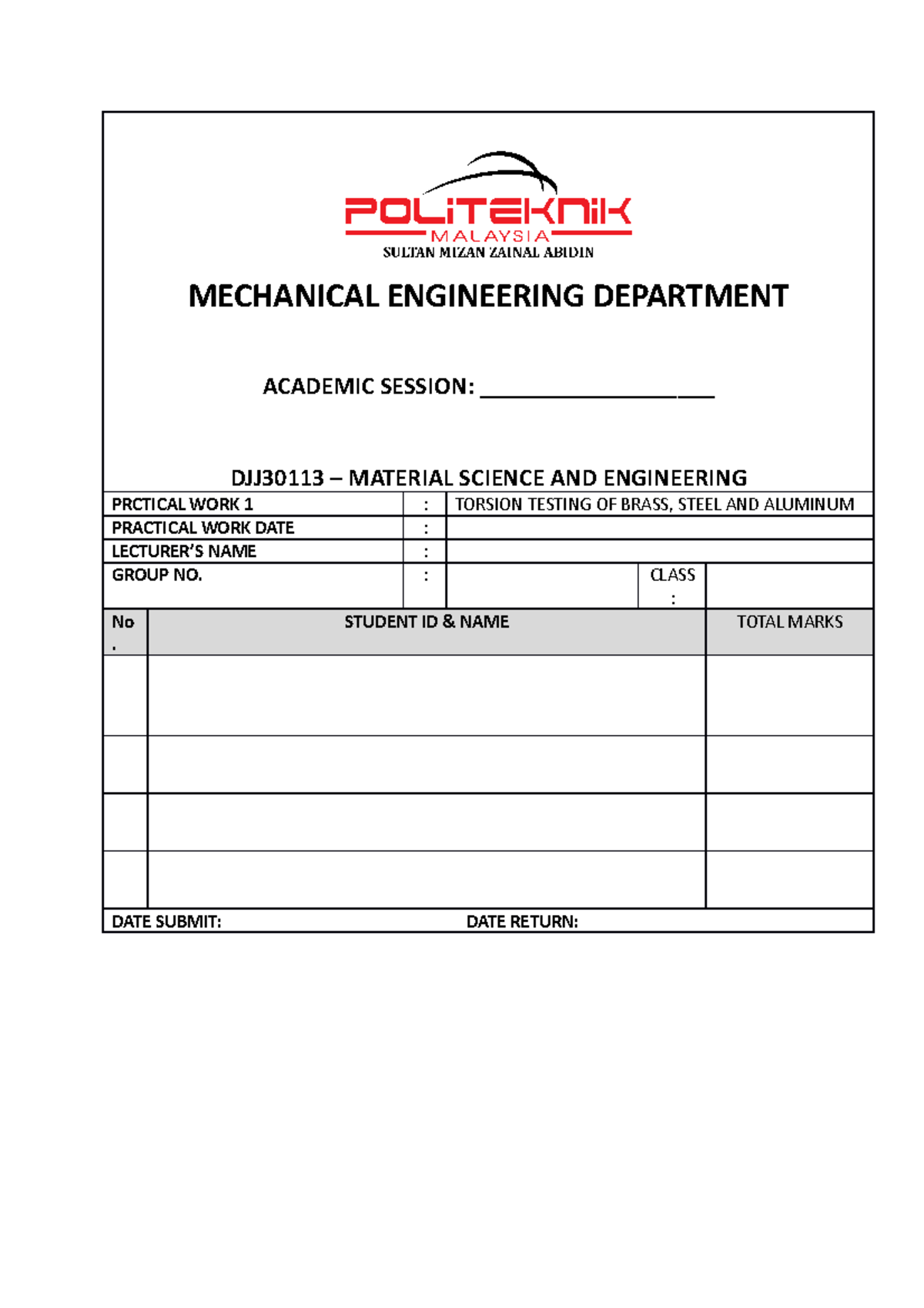 Contoh Labsheet 1 torsion test pratical (material scince) - MECHANICAL ...