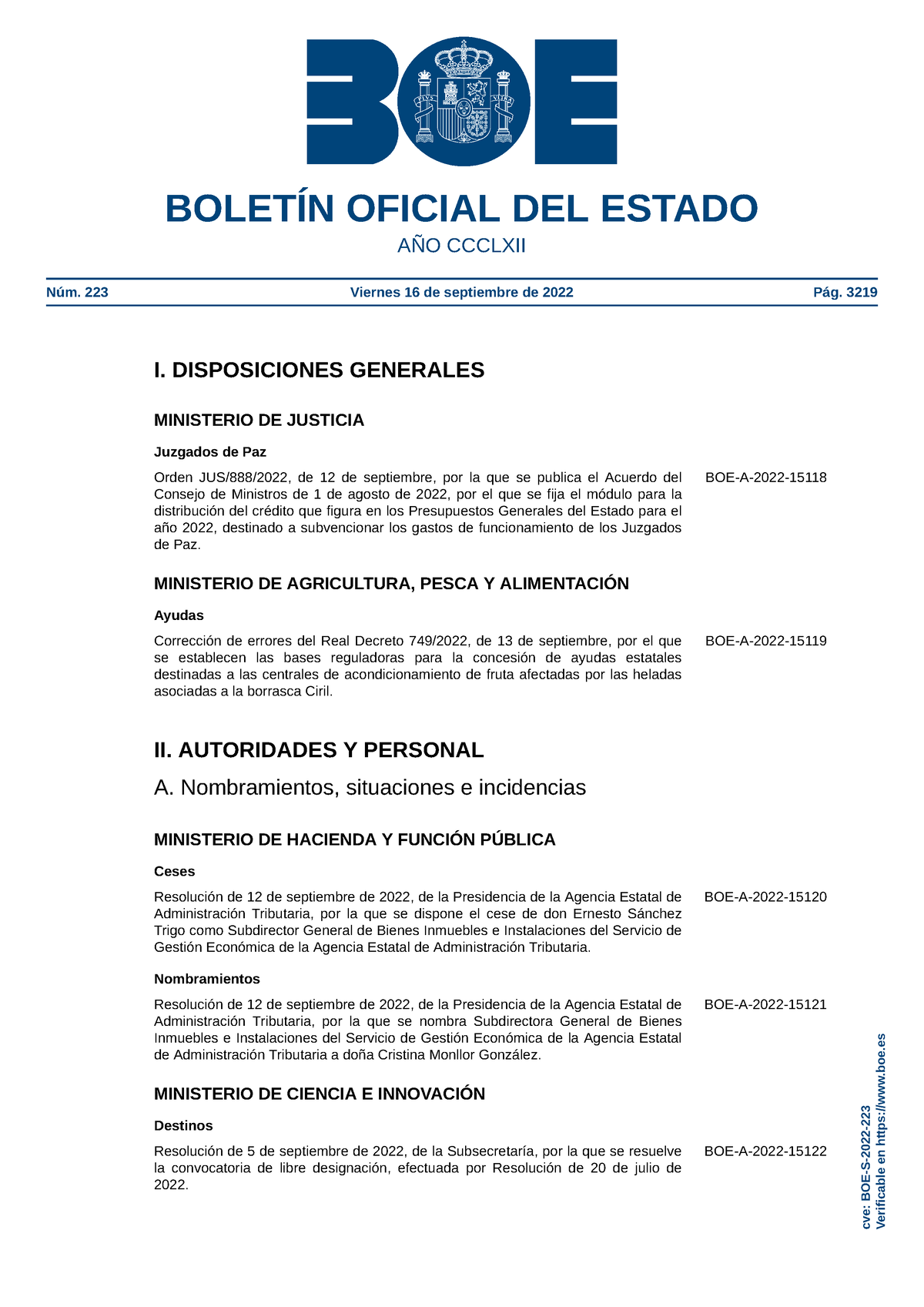 BOE S 2022 223 - CLASES - I. DISPOSICIONES GENERALES MINISTERIO DE ...