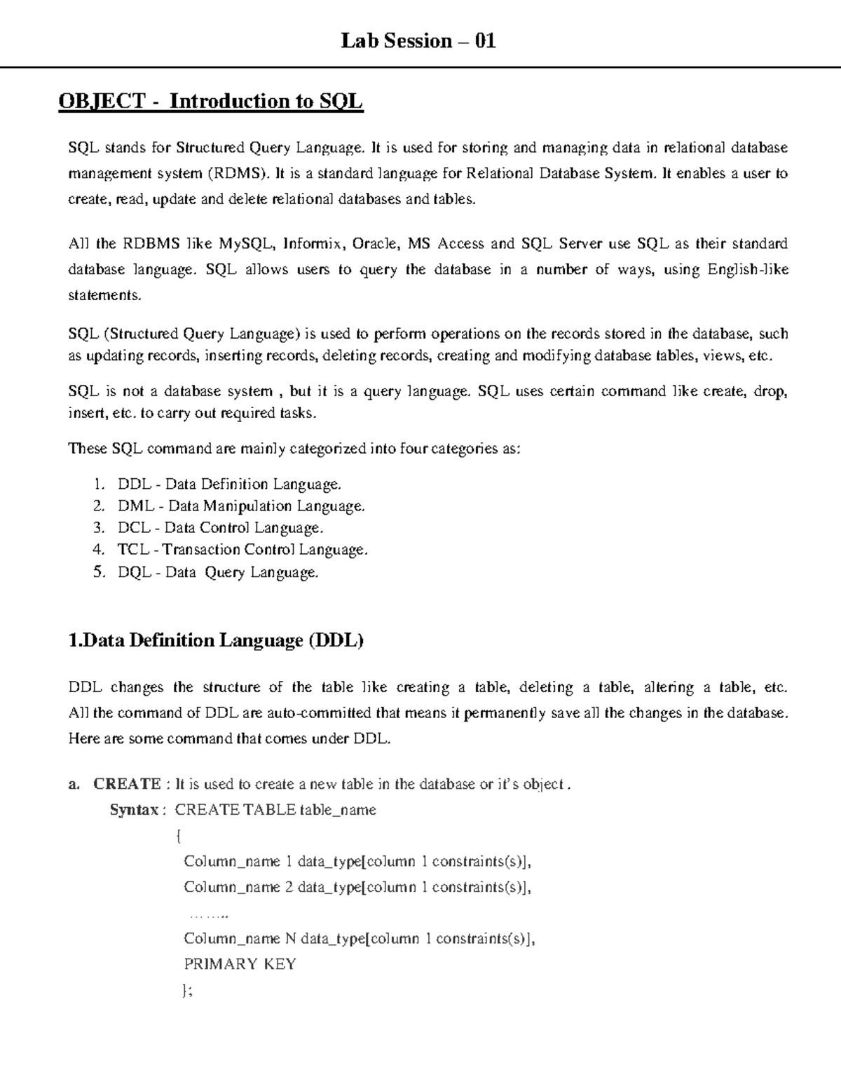 Introduction to SQL - It is used for storing and managing data in ...