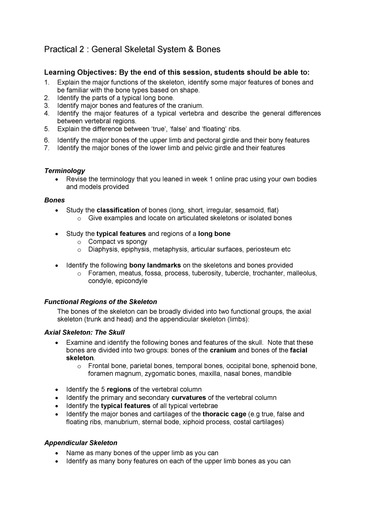 Practical 2 - Bones - Practical 2 : General Skeletal System & Bones ...