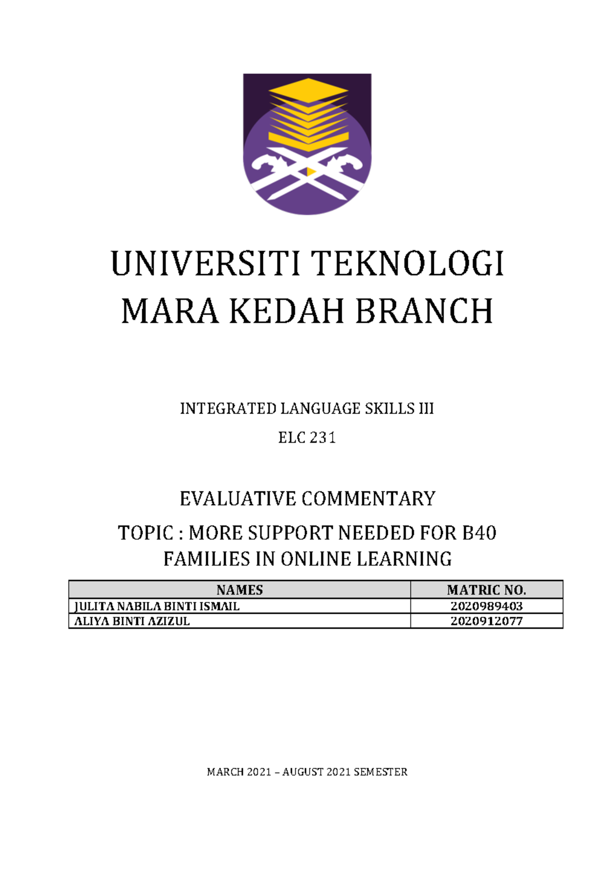 Evaluative Commentary Elc231 Universiti Teknologi Mara Kedah Branch