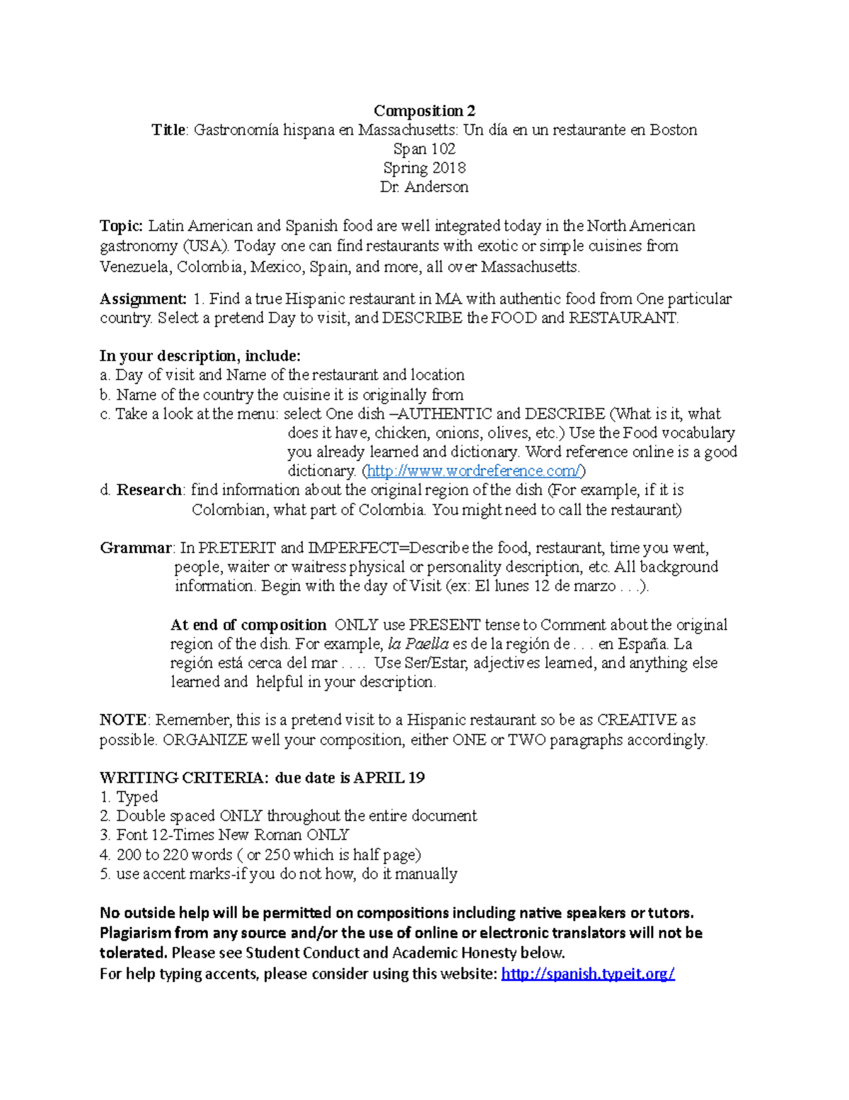 Span 2 Spring 2018 Composition 2 Title Gastronomía