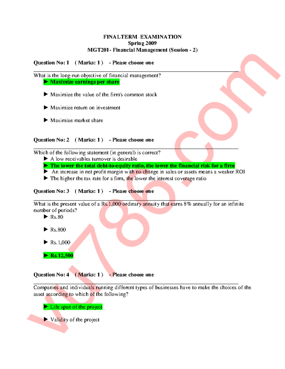 MGT201 Final Term 15 - FINALTERM EXAMINATION Spring 2009 MGT201 ...