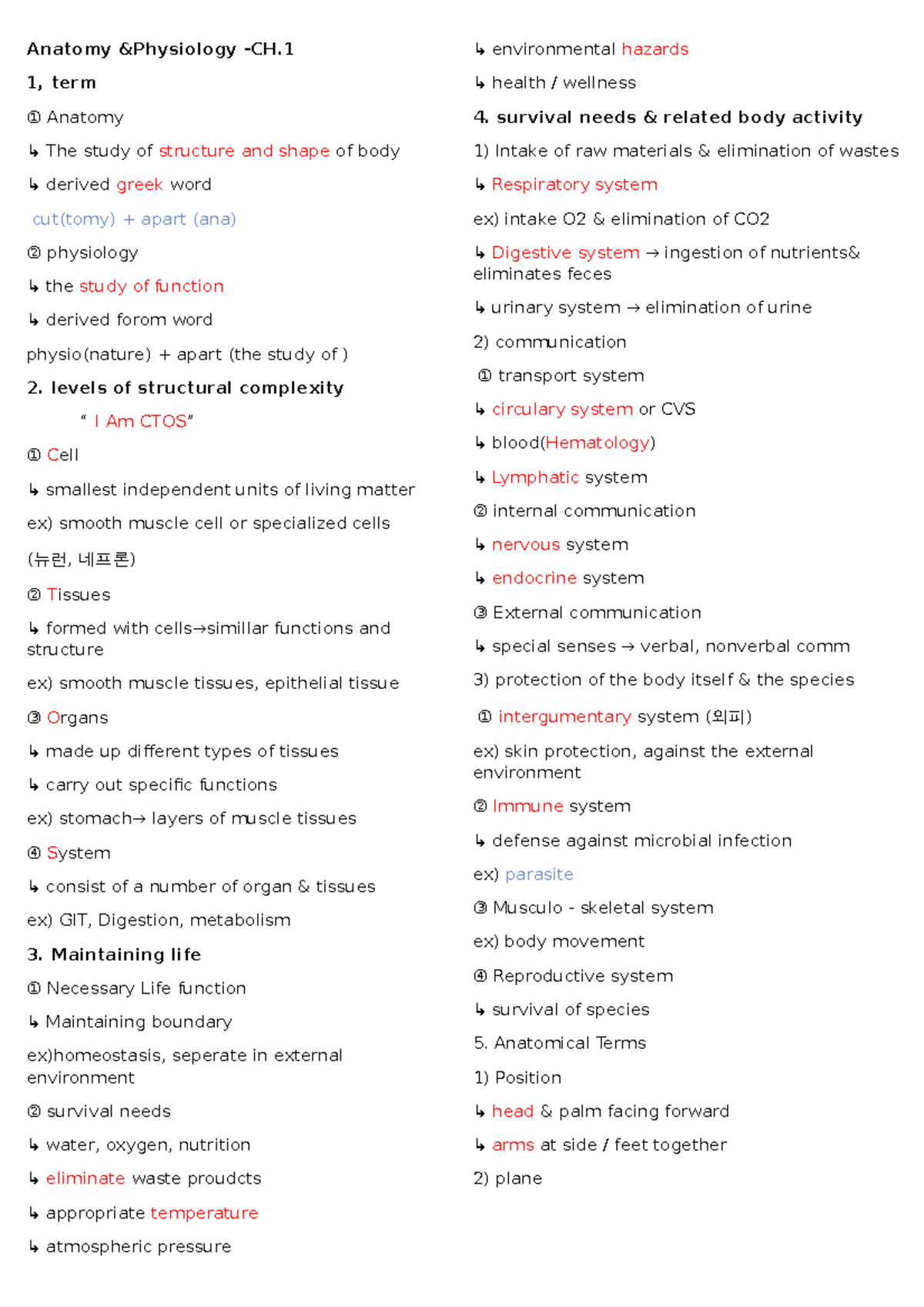 Anatomy And Physiology - Anatomy &Physiology -CH. 1, Term ① Anatomy ↳ ...