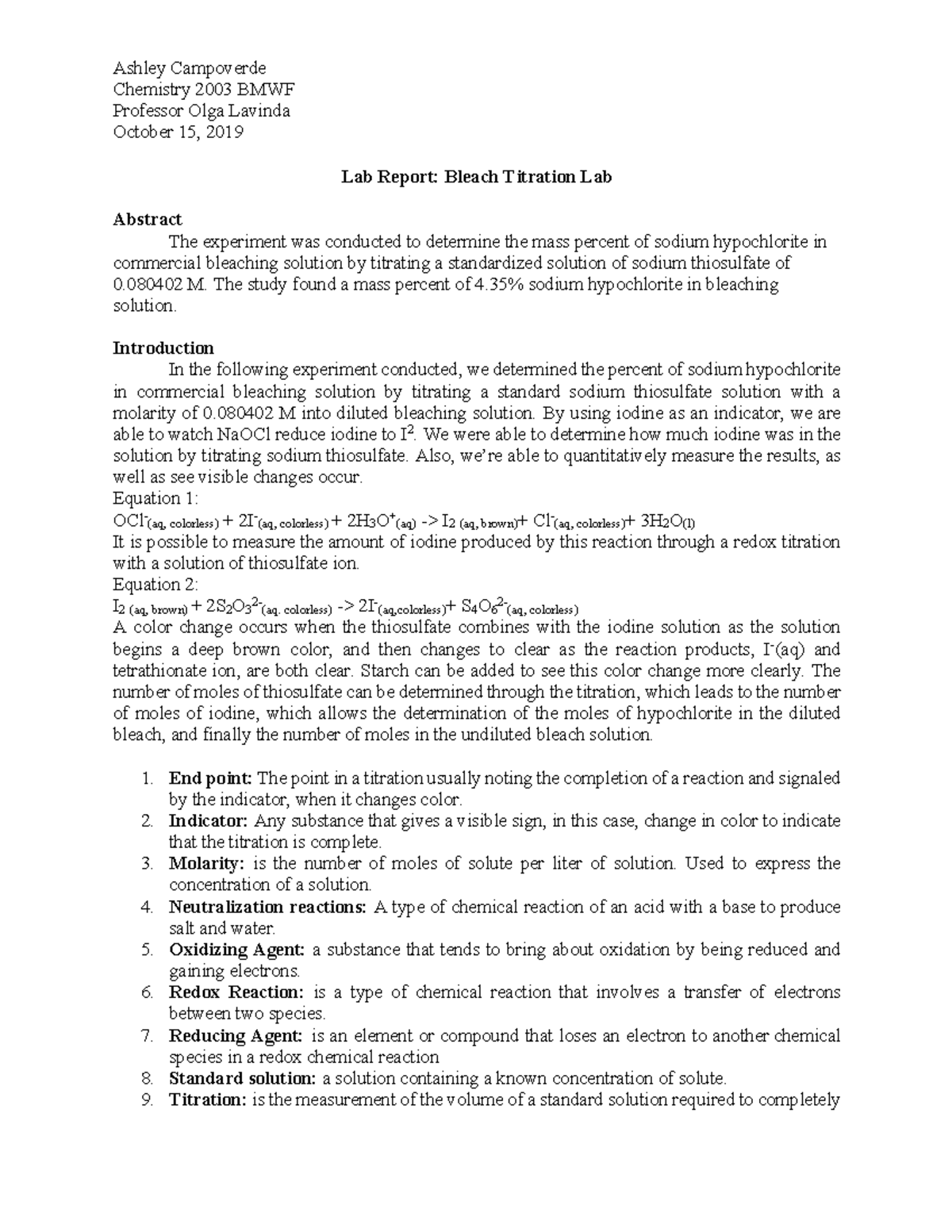 Bleach Lab Report Lab Warning TT undefined function 32 Ashley