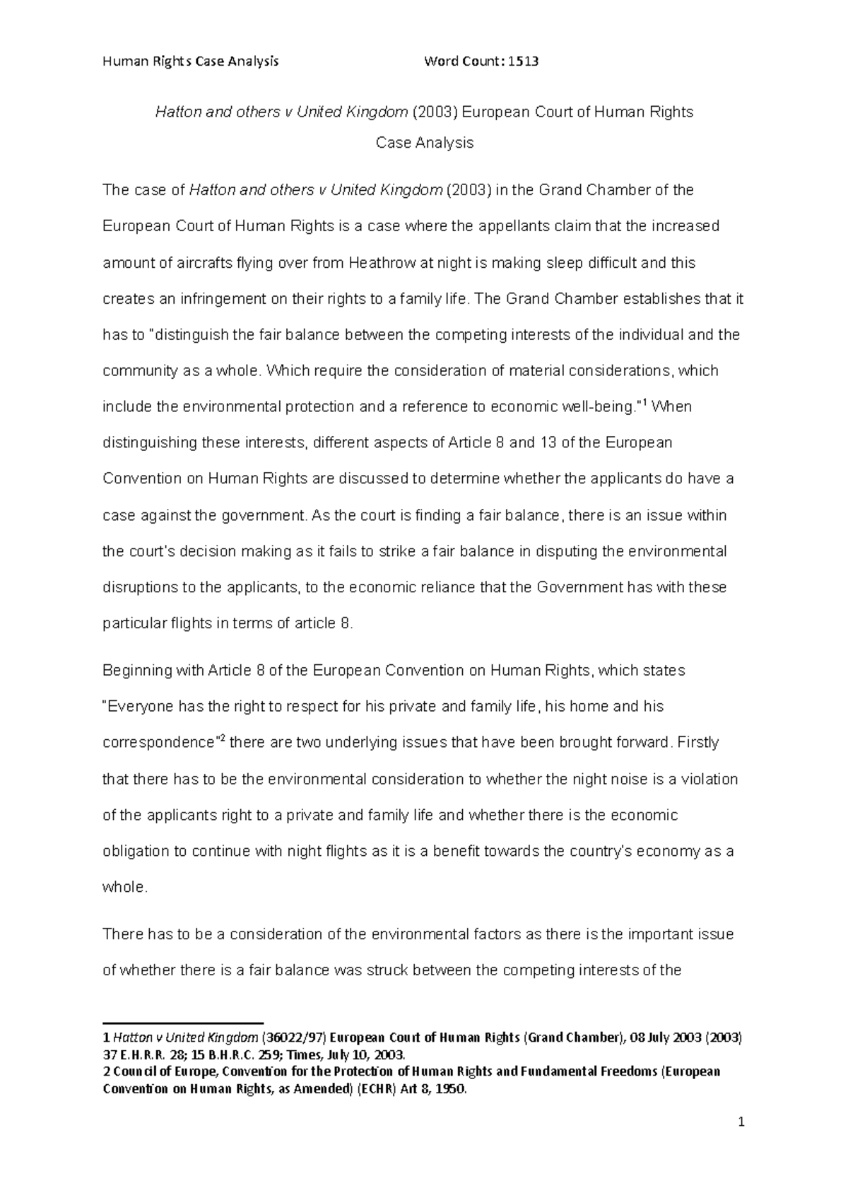 Hatton and others v United Kingdom (2003) European Court of Human