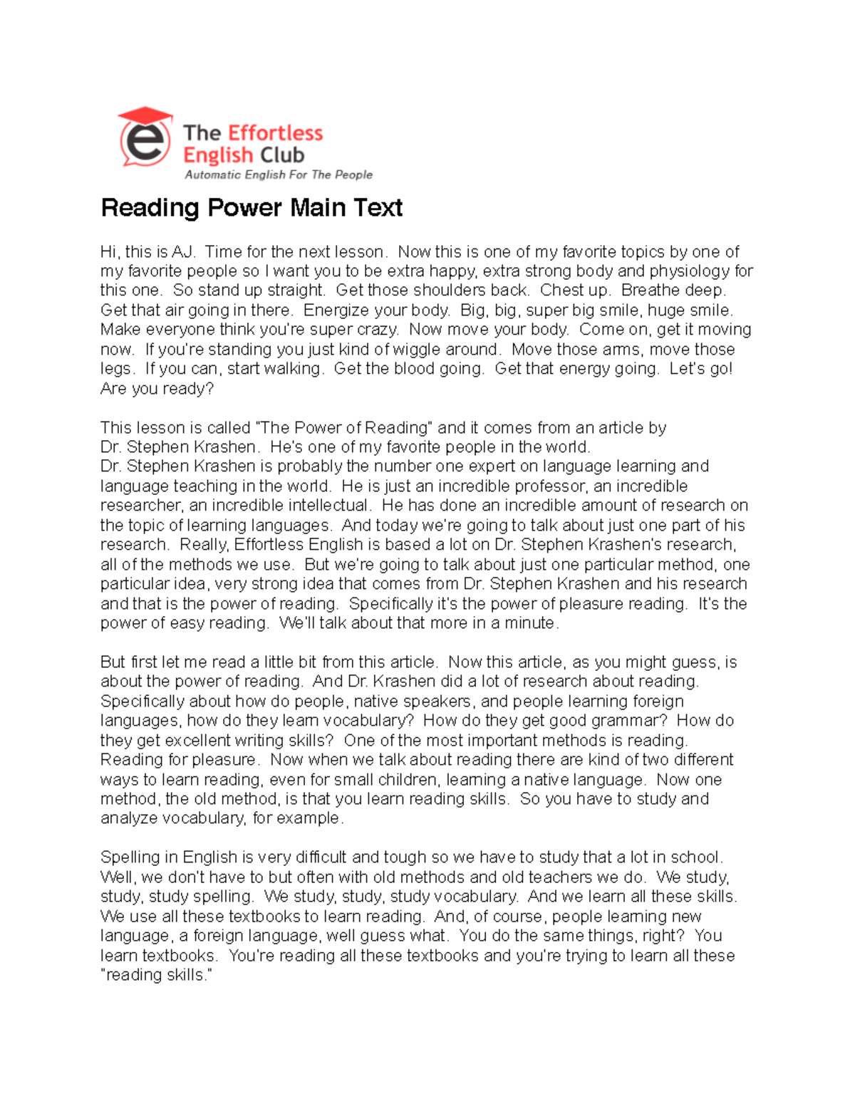 Reading Power Main Text - Time for the next lesson. Now this is one of ...