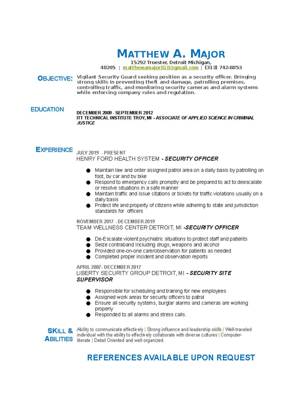 Matthew Major common Resume updated - MATTHEW A. MAJOR 15292 Troester ...