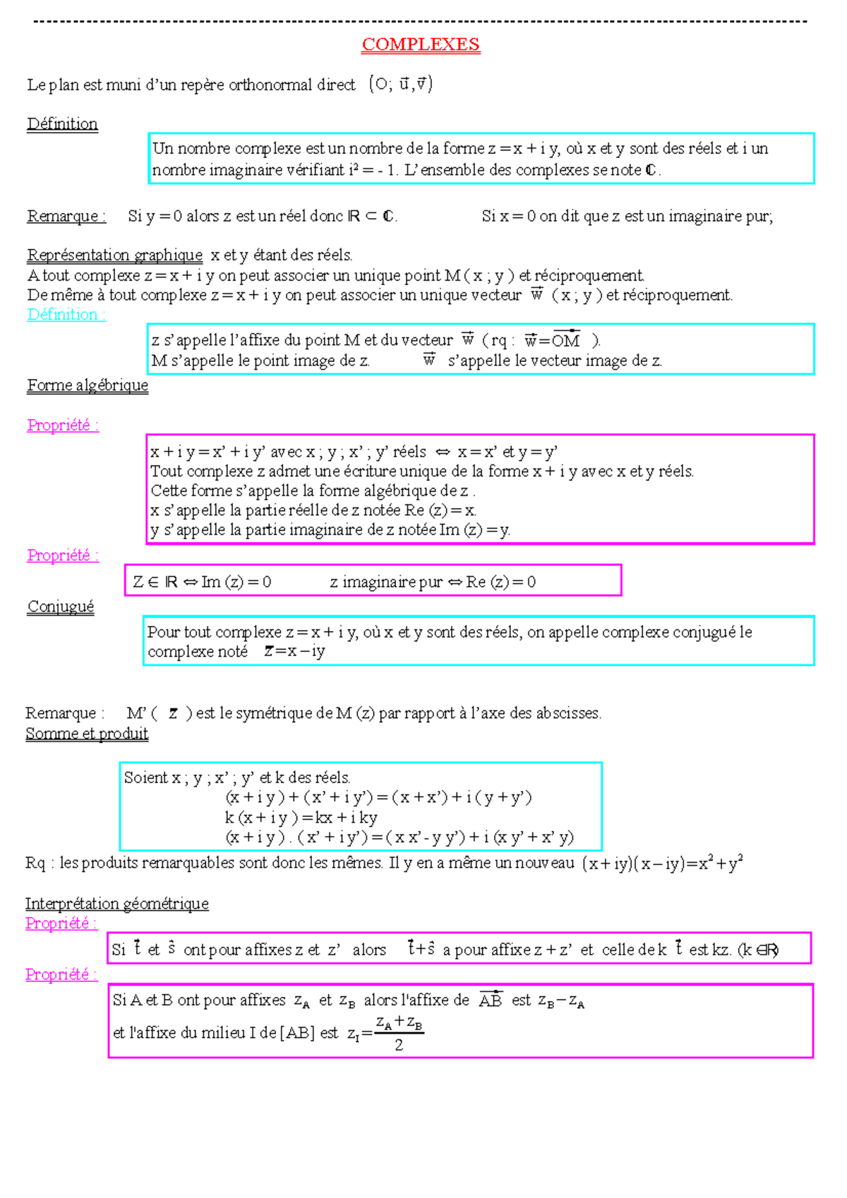 Cours - Complexes - COMPLEXES Le Plan Est Muni D’un Repère Orthonormal ...