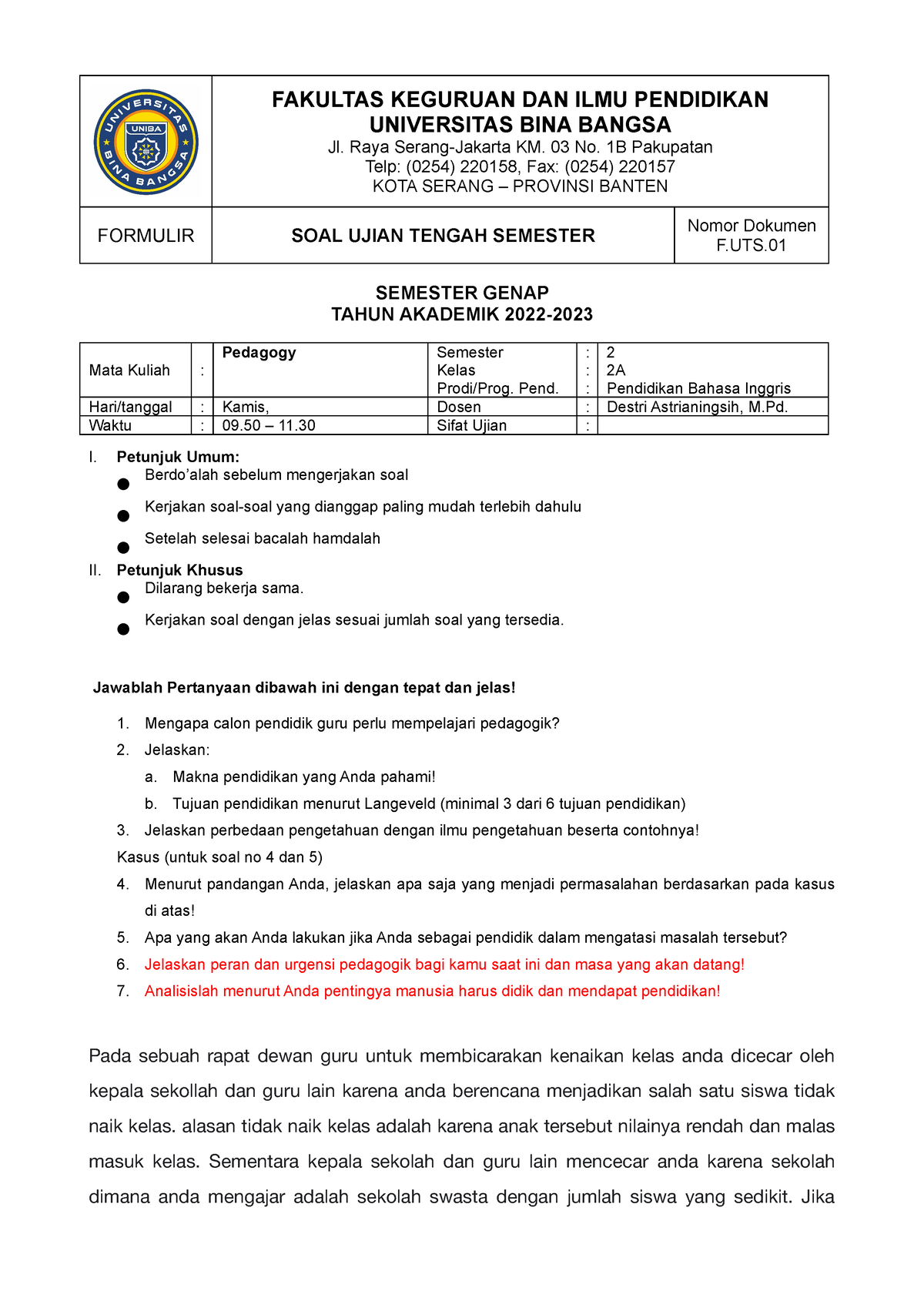 Soal UTS Pedagogy - Soal Uts - FAKULTAS KEGURUAN DAN ILMU PENDIDIKAN ...