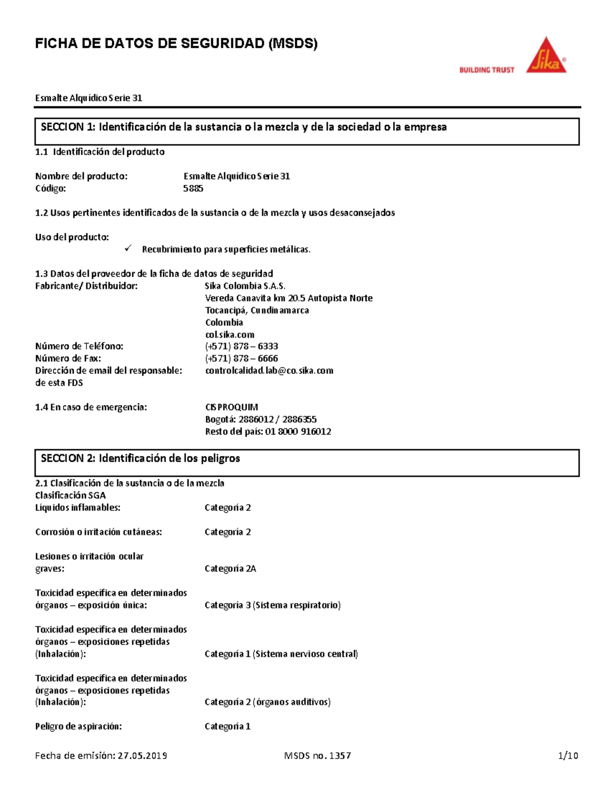 Co Hs Esmalte Alquídico Serie 31 Ficha De Datos De Seguridad Msds