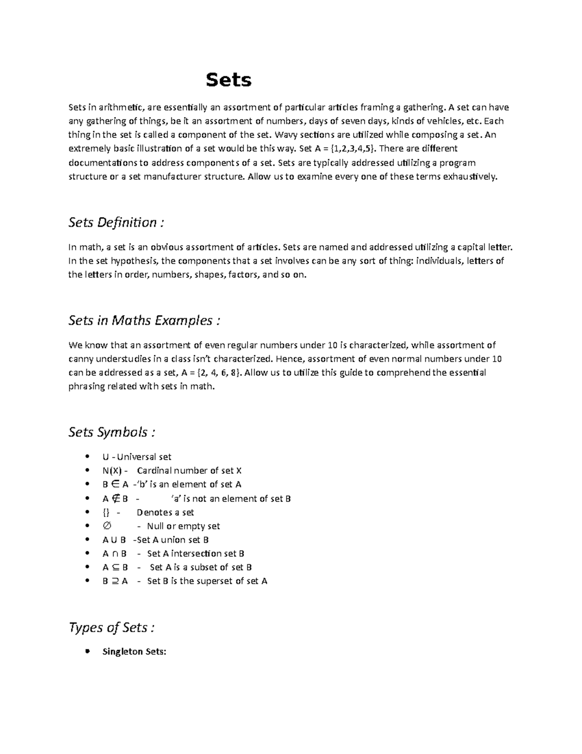 Sets - Its a lecture notes on sets - Sets Sets in arithmetic, are ...