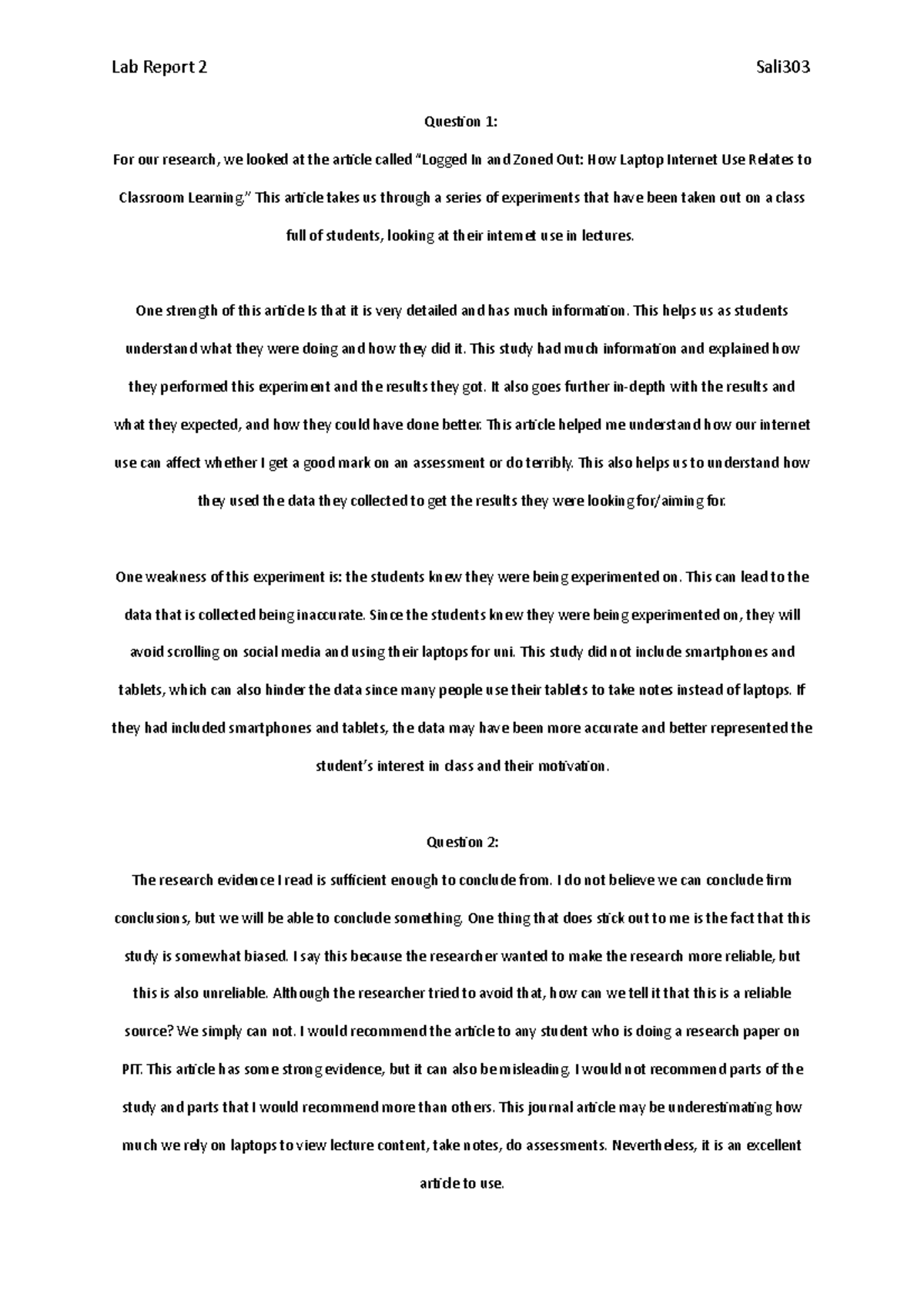 Lab Report 2 - Sem 1 - Lab Report 2 Sali Question 1: For our research ...