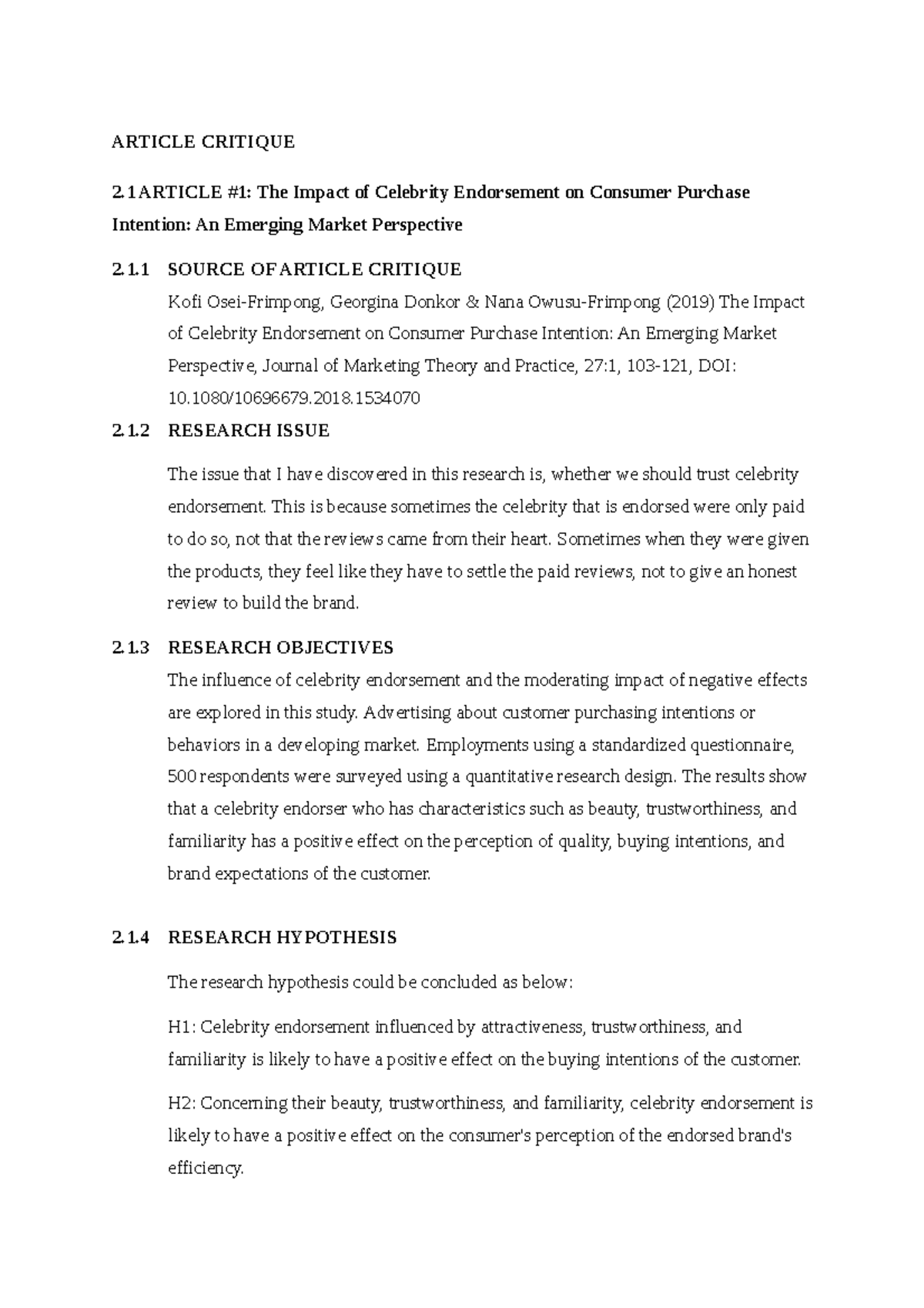 Article Critique MKT537 AINI NEW NEW - ARTICLE CRITIQUE 2 ARTICLE #1 ...