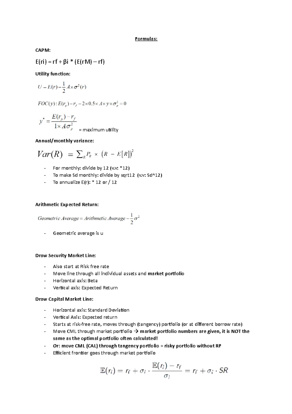 Investment analysis complete Formula sheet - Formulas: CAPM: E(ri) = rf ...