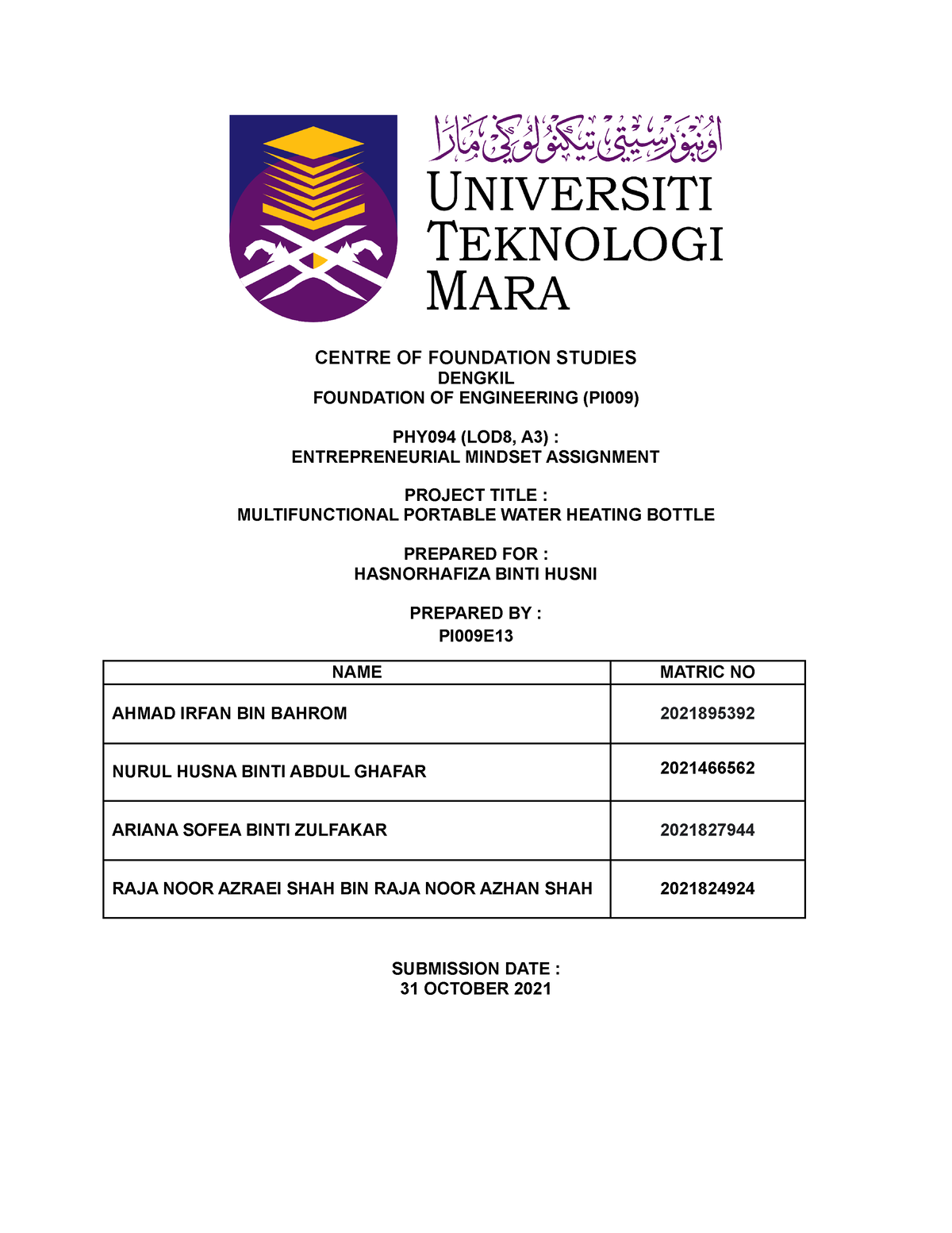 entrepreneurial mindset assignment uitm