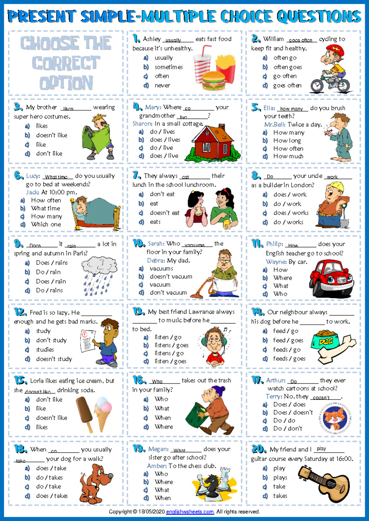 Present simple esl printable multiple choice questions worksheet NO ...