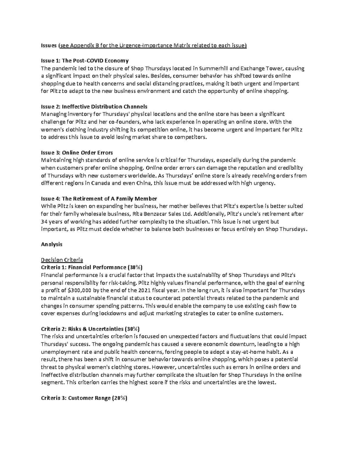 COMM 101 - Case Memo 3 - CM3 - Issues (see Appendix B for the Urgence ...