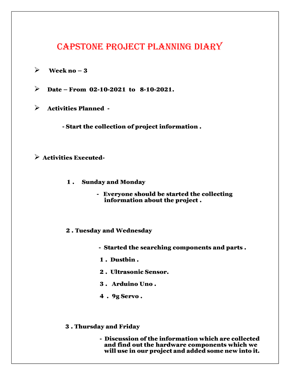 capstone project weekly diary