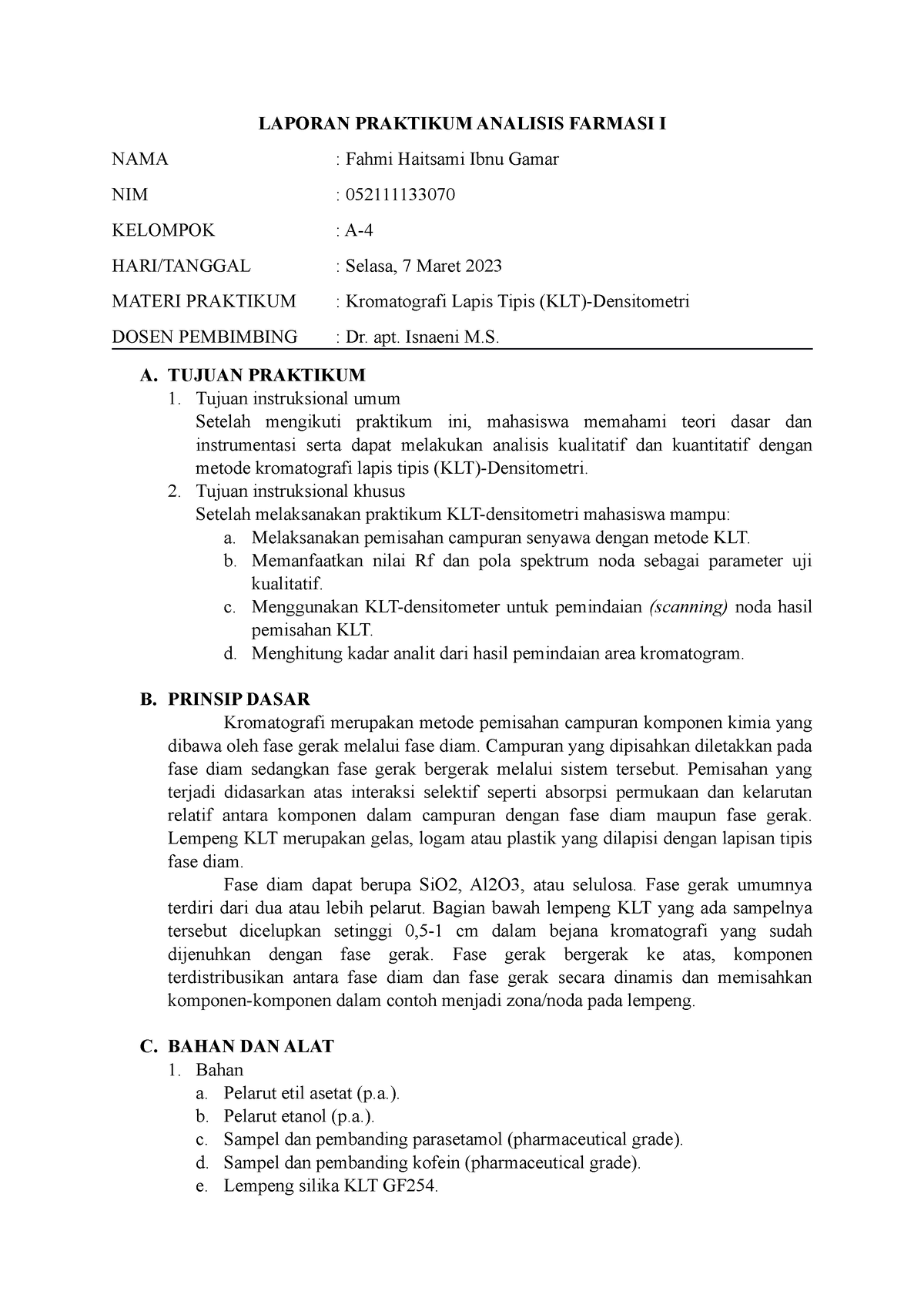 Jurnal KLT - LAPORAN PRAKTIKUM ANALISIS FARMASI I NAMA : Fahmi Haitsami ...