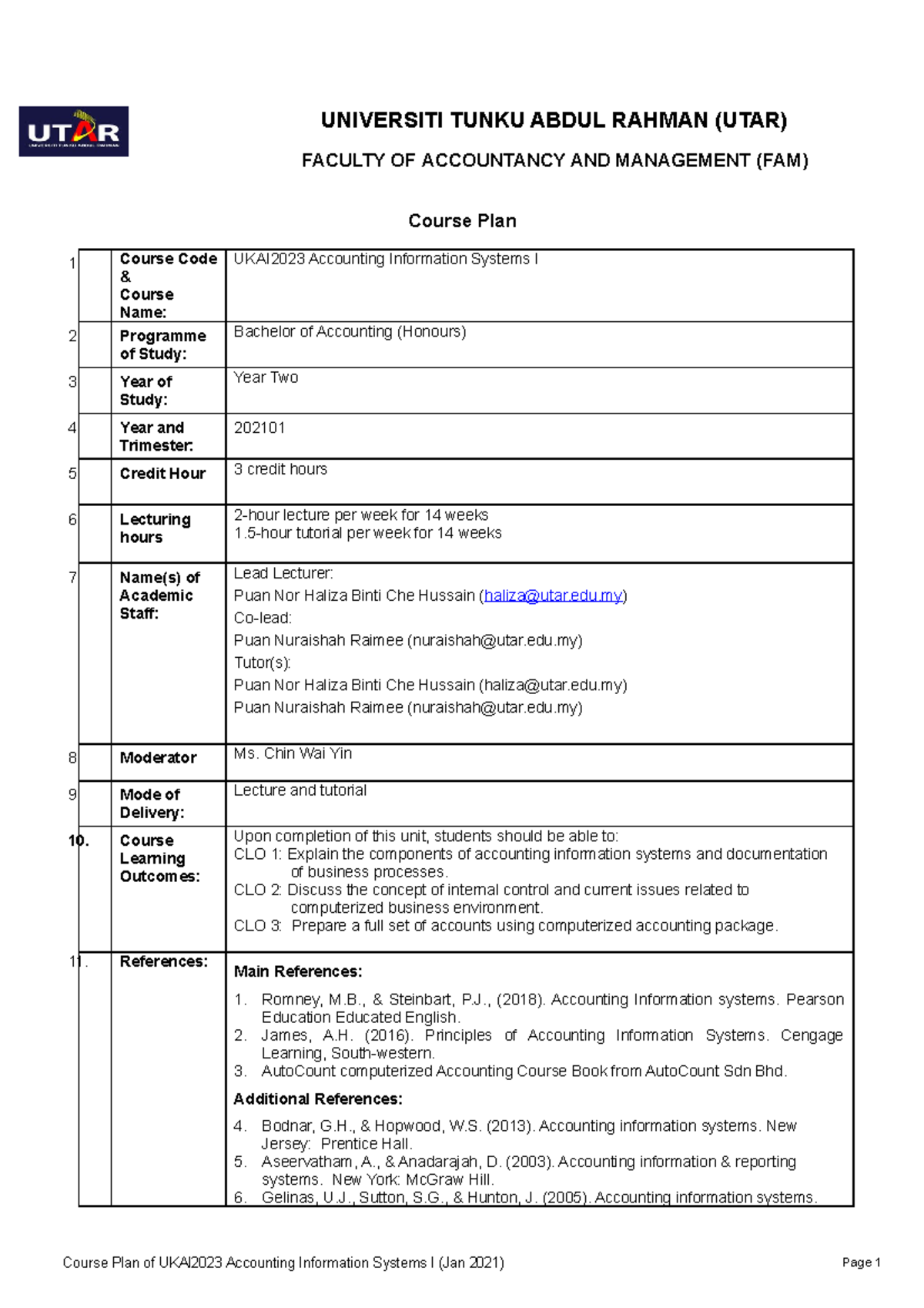 AIS1 Course Plan 2021 - UNIVERSITI TUNKU ABDUL RAHMAN (UTAR) FACULTY OF ...