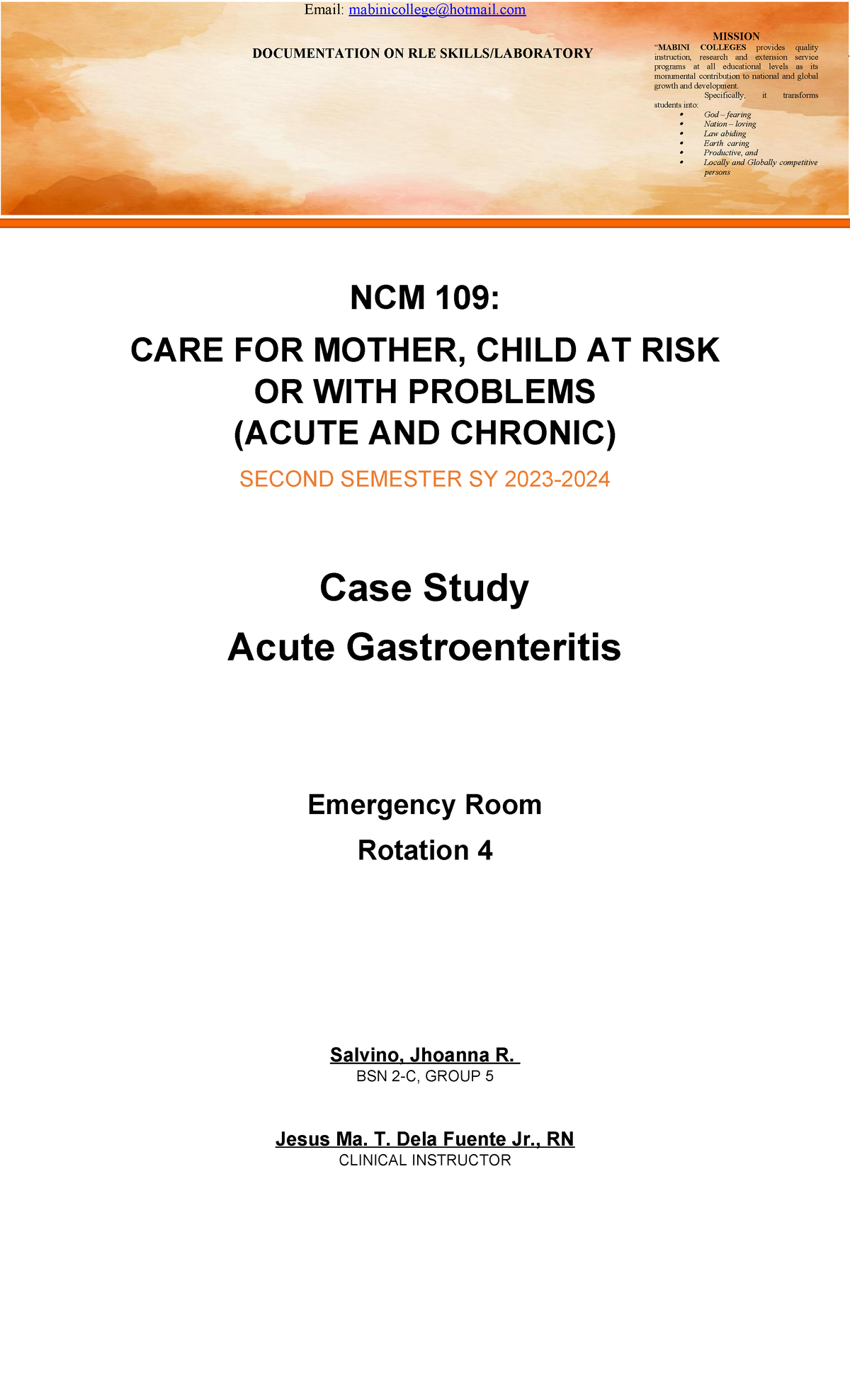 Case-Study-Acute-gastroenteritis - MISSION “MABINI COLLEGES Provides ...