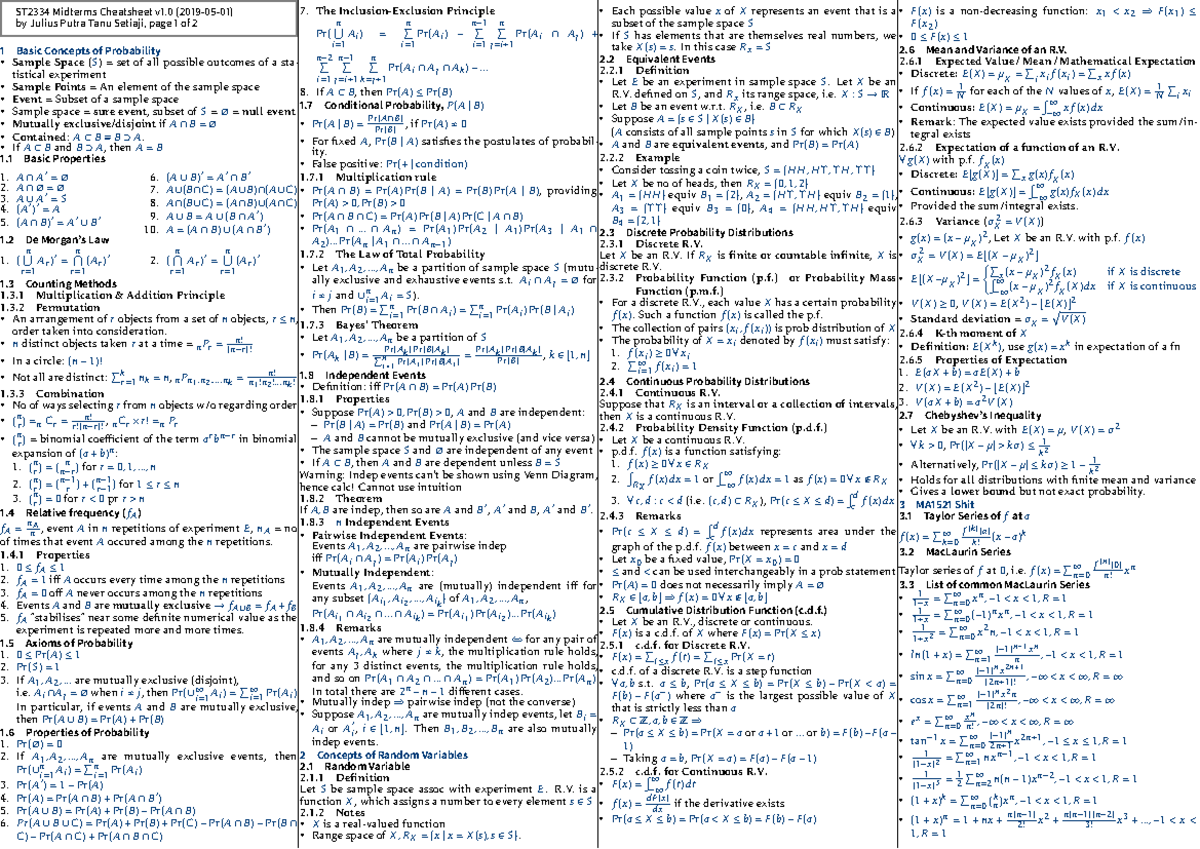 ST2334-midterms - notes - ST2334 Midterms Cheatsheet v1 (2019-05-01) by ...