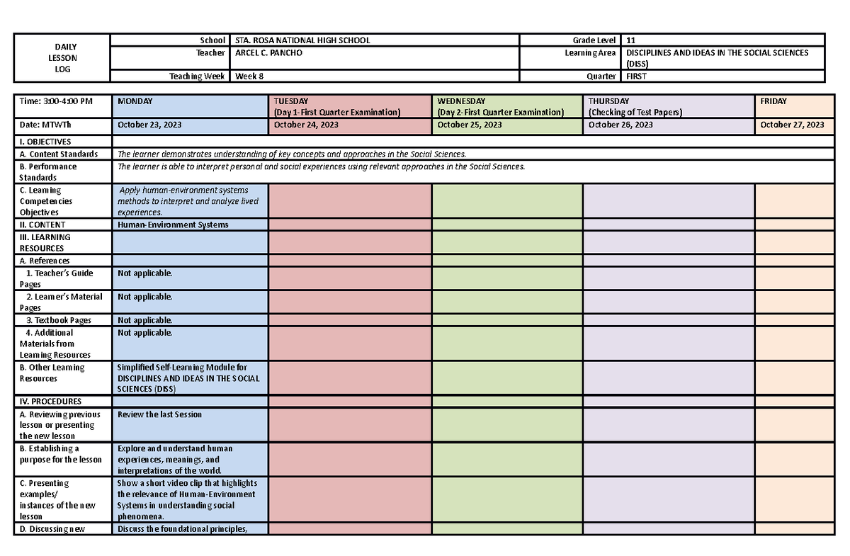 DISS Week 9 DLL - n/a - DAILY LESSON LOG School STA. ROSA NATIONAL HIGH ...