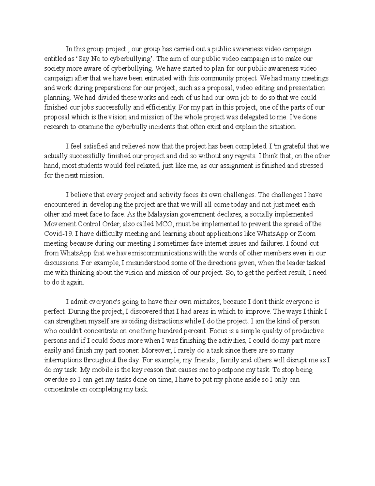 Individual Reflection - In this group project , our group has carried ...