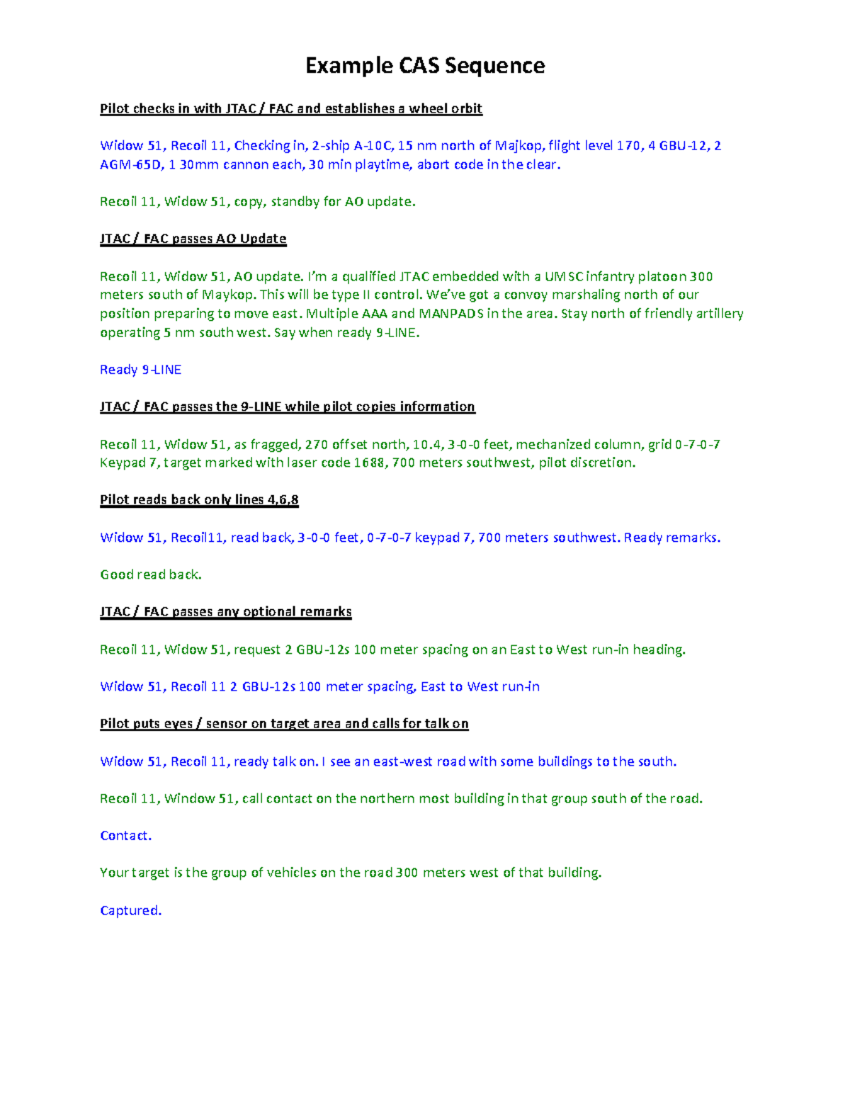 Example Cas Comms And 9 Line Example Cas Sequence Pilot Checks In With Jtac Fac And