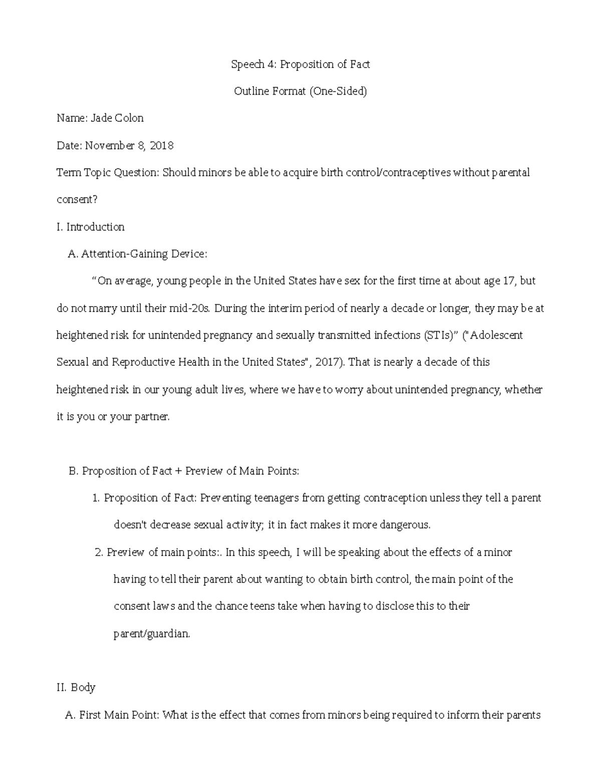 Speech 4 Outline (one-sided) - Speech 4: Proposition of Fact Outline ...