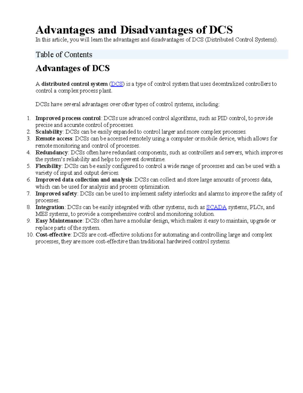 Advantage and Disadvantage of DCS - Table of Contents Advantages of DCS ...