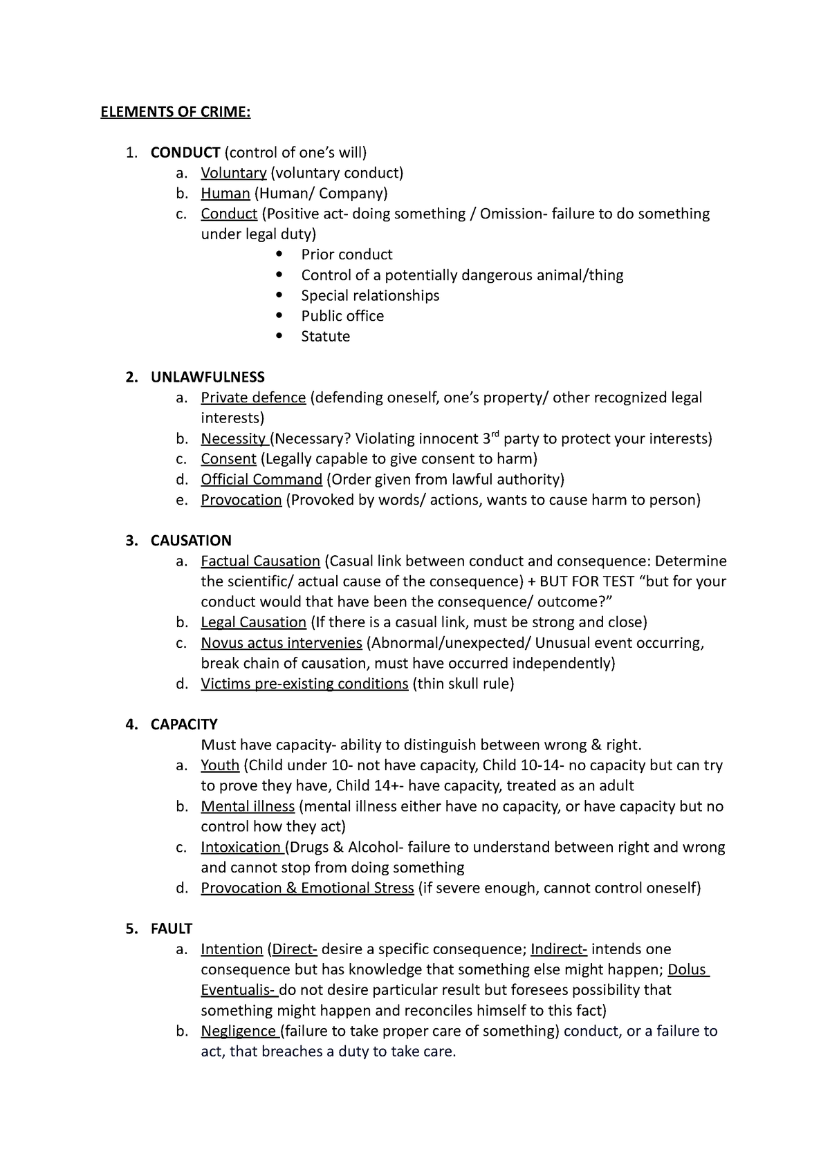 Elements OF Crime - ELEMENTS OF CRIME: CONDUCT (control Of One’s Will ...