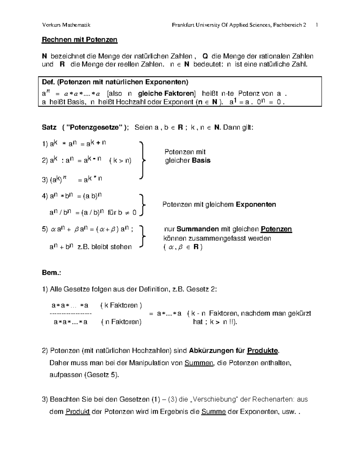 Vorkurs Mathe Skript Ergänzung - Rechnen Mit Potenzen N Bezeichnet Die ...