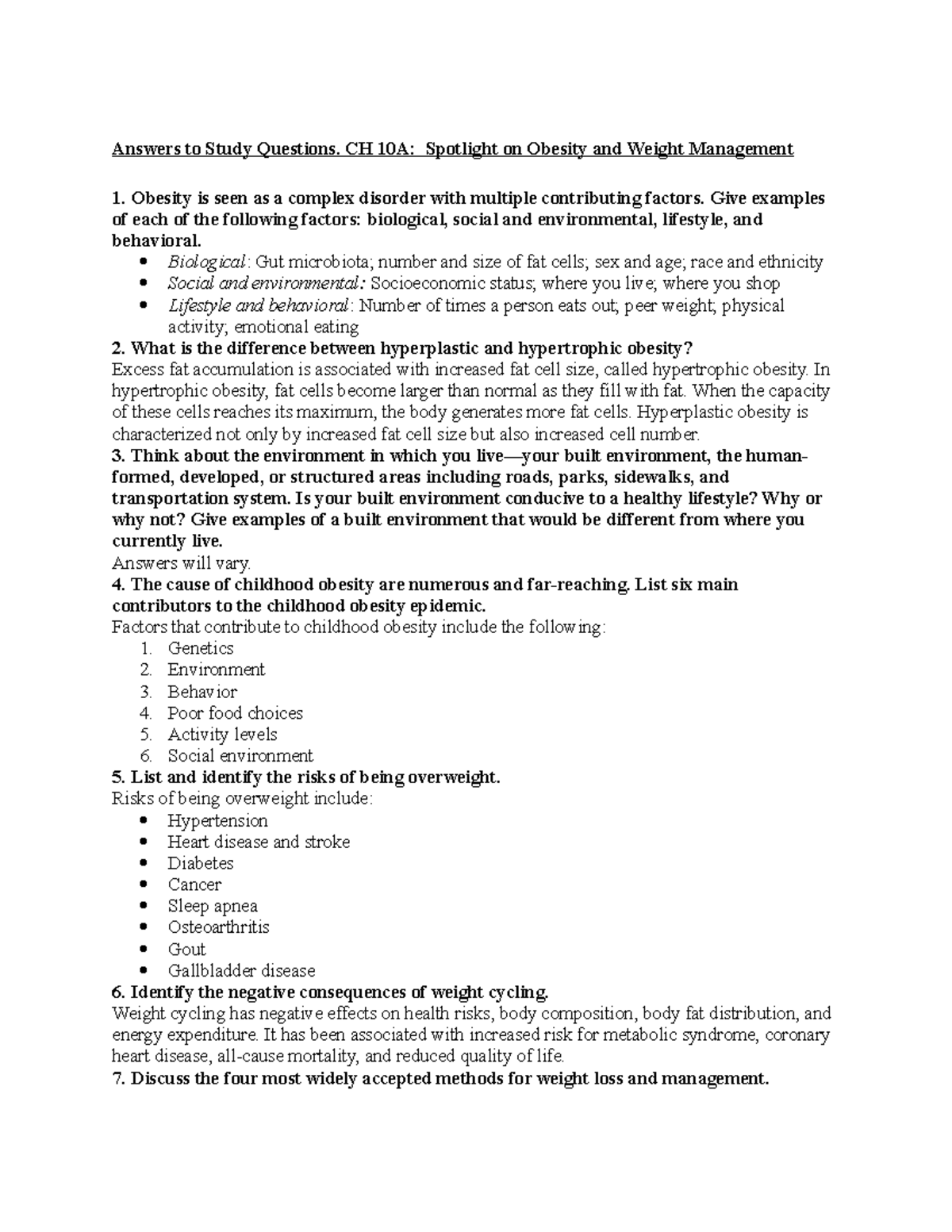 KEY Study Questions. C 10A. Spotlight on Obesity and Weight Management ...