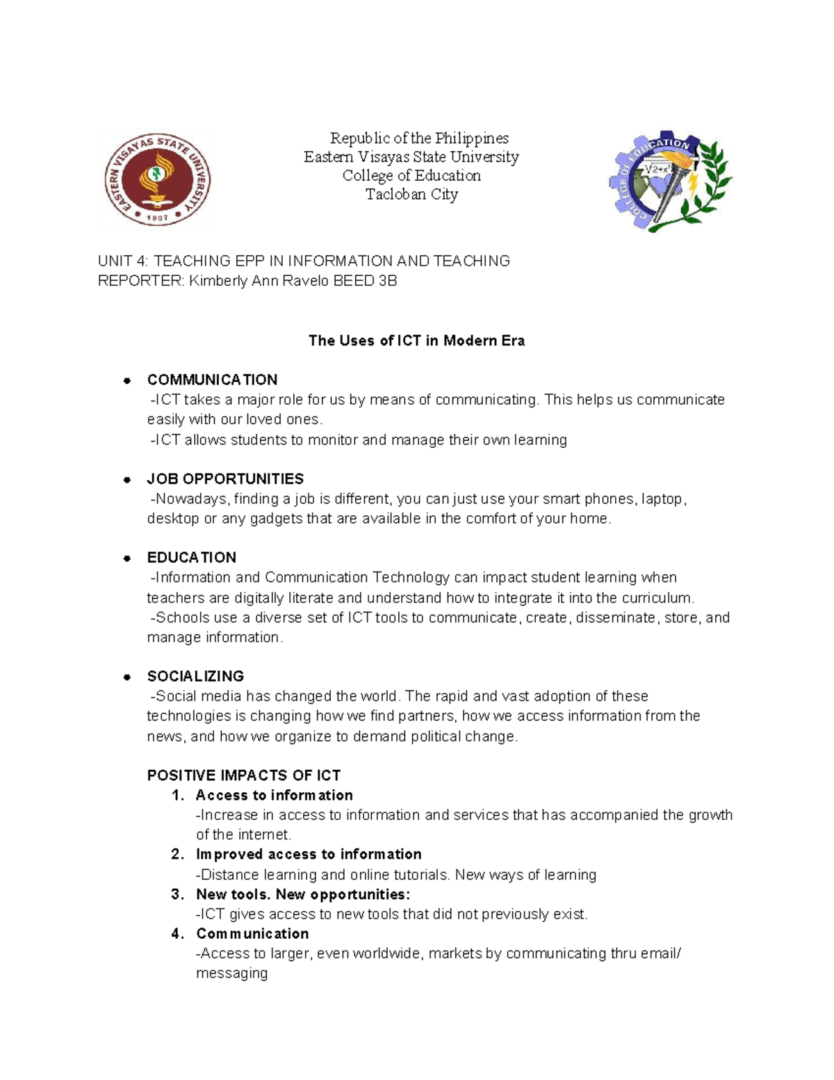 Handout UNIT 4 uses of ICT in modern era - Republic of the Philippines ...