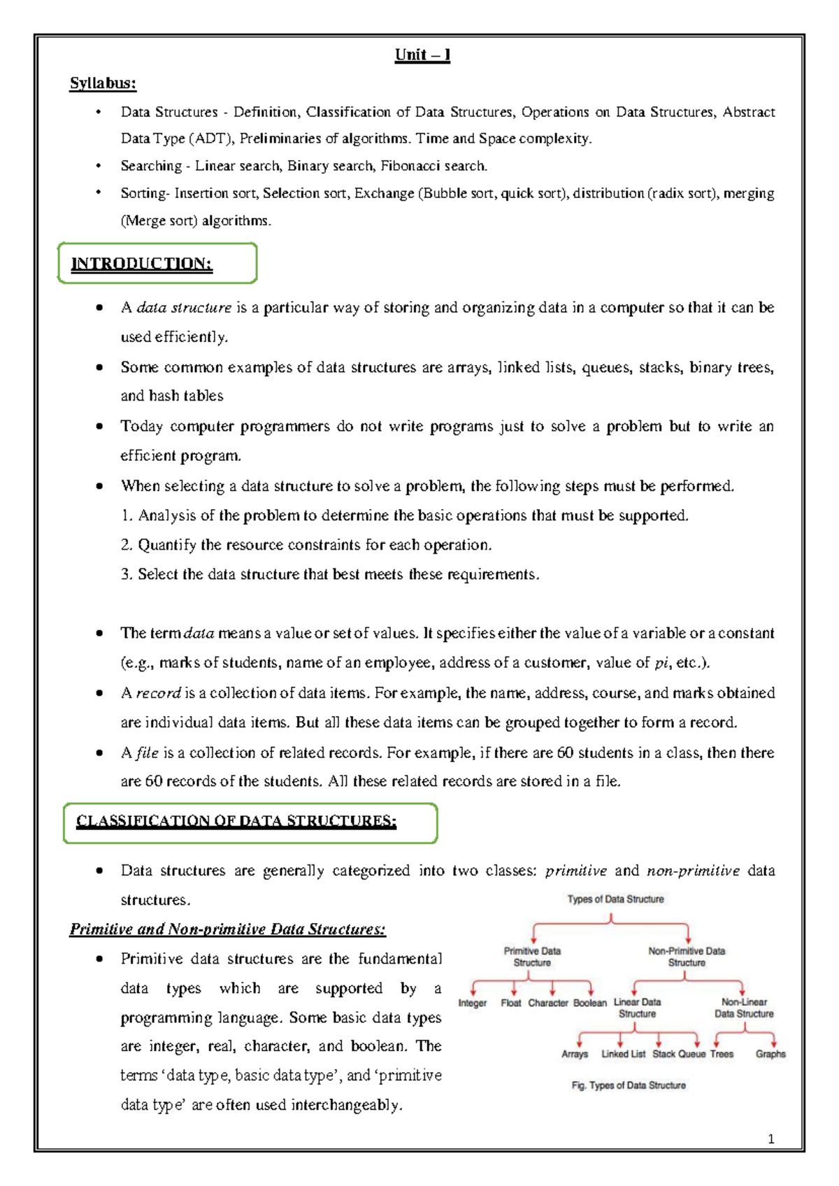 DS Full Notes - data Structures - Unit – I Syllabus: Data Structures ...