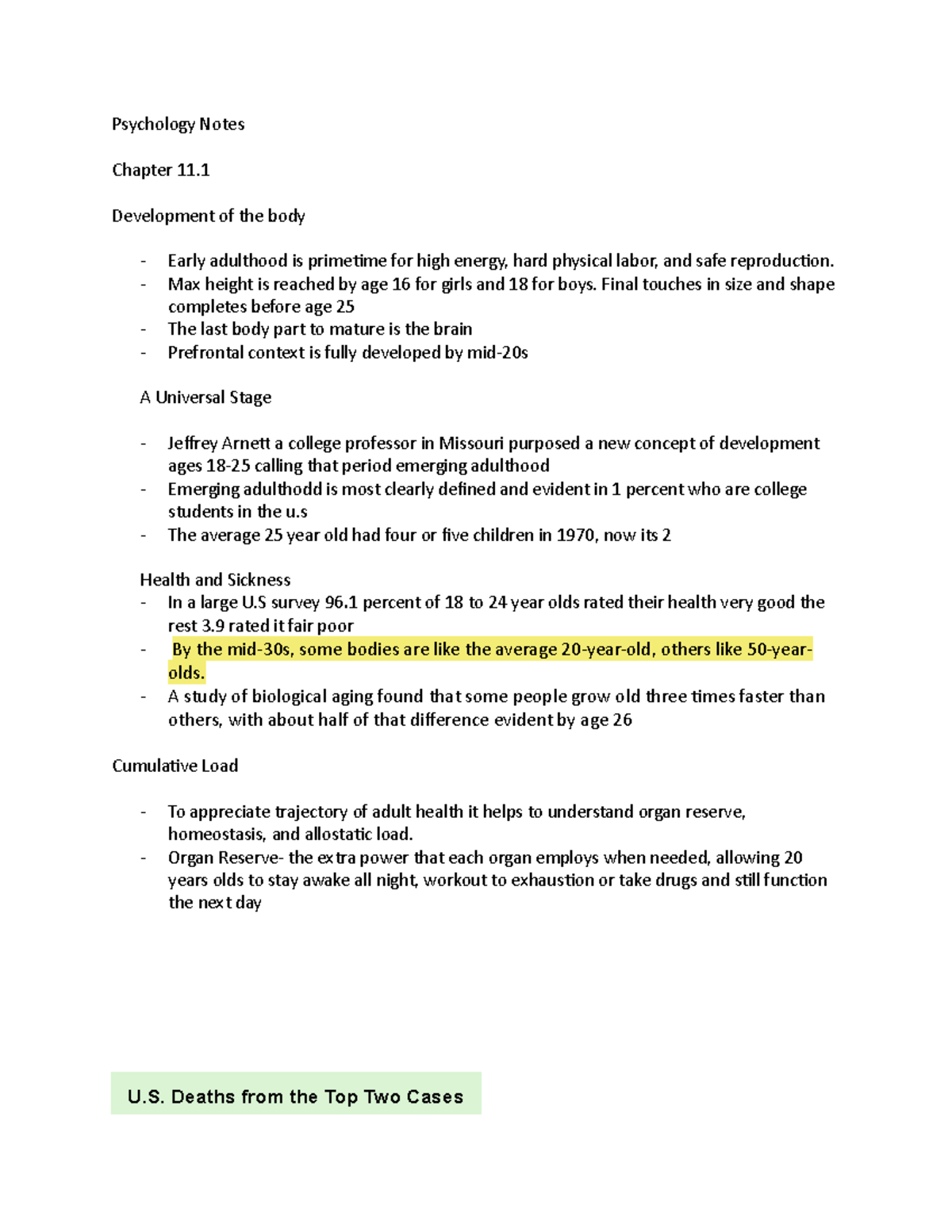 Psychology Notes Chapter 11 - Development of the body Early adulthood ...