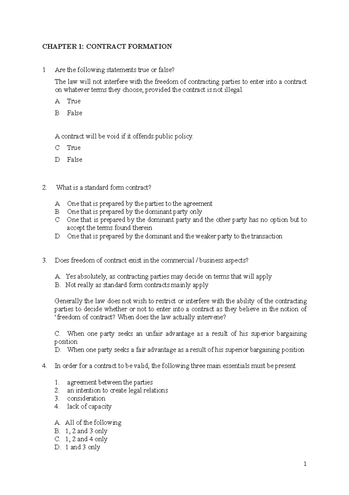 Sample/practice Exam - CHAPTER 1: CONTRACT FORMATION 1 Are The ...