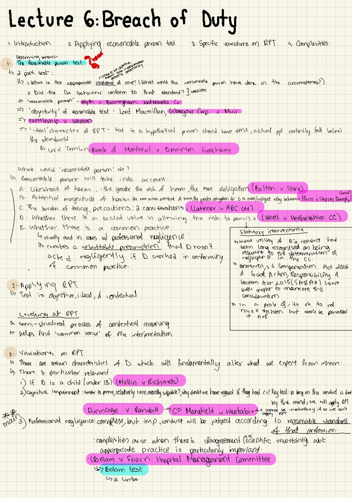 Tort - Notes on breach of duty - Lecture 6 : Breach of Duty ...